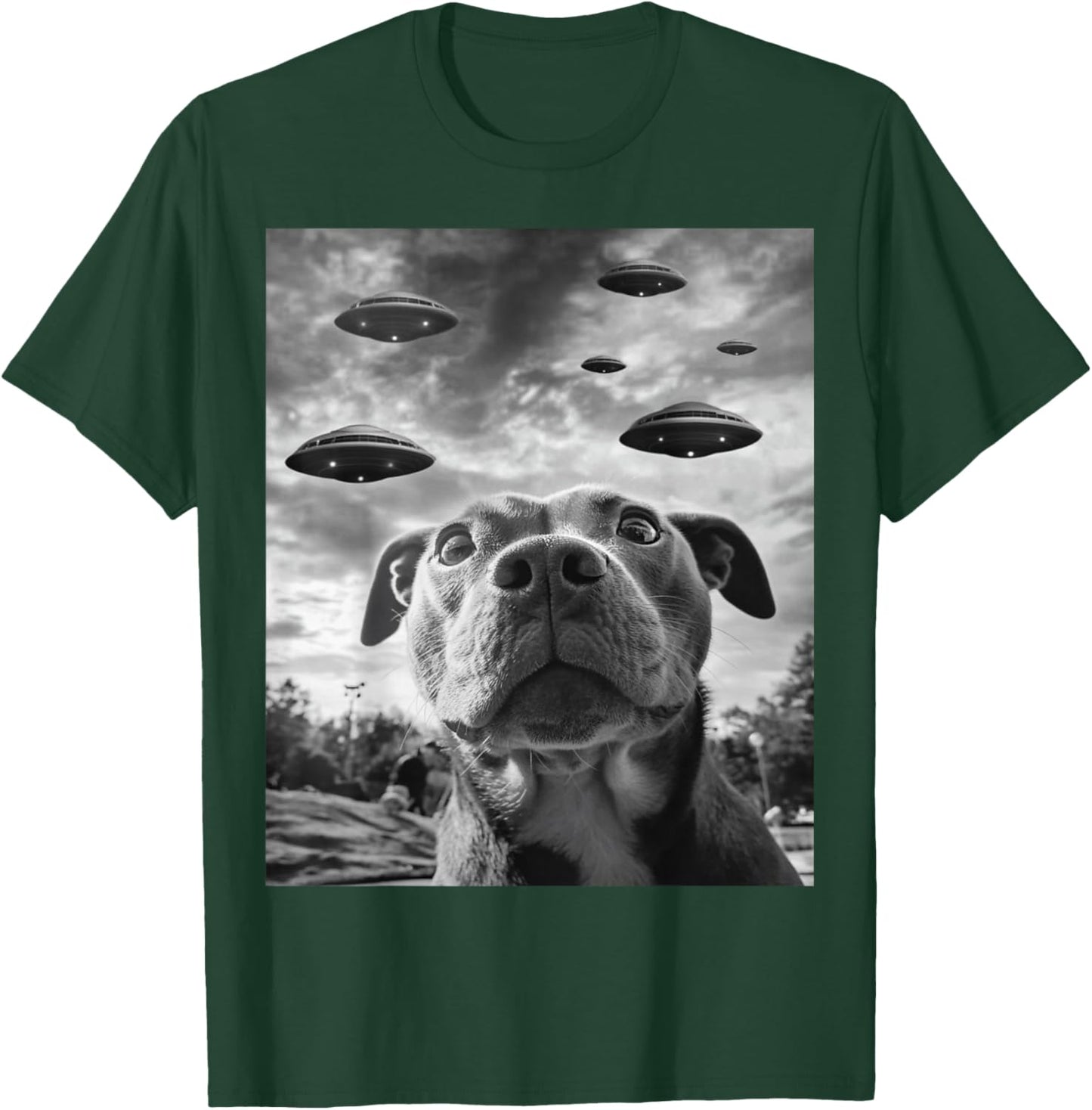 Funny Dog Pitbull Selfie with UFOs Alien Novelty T-Shirt - T-Shirt | Forest