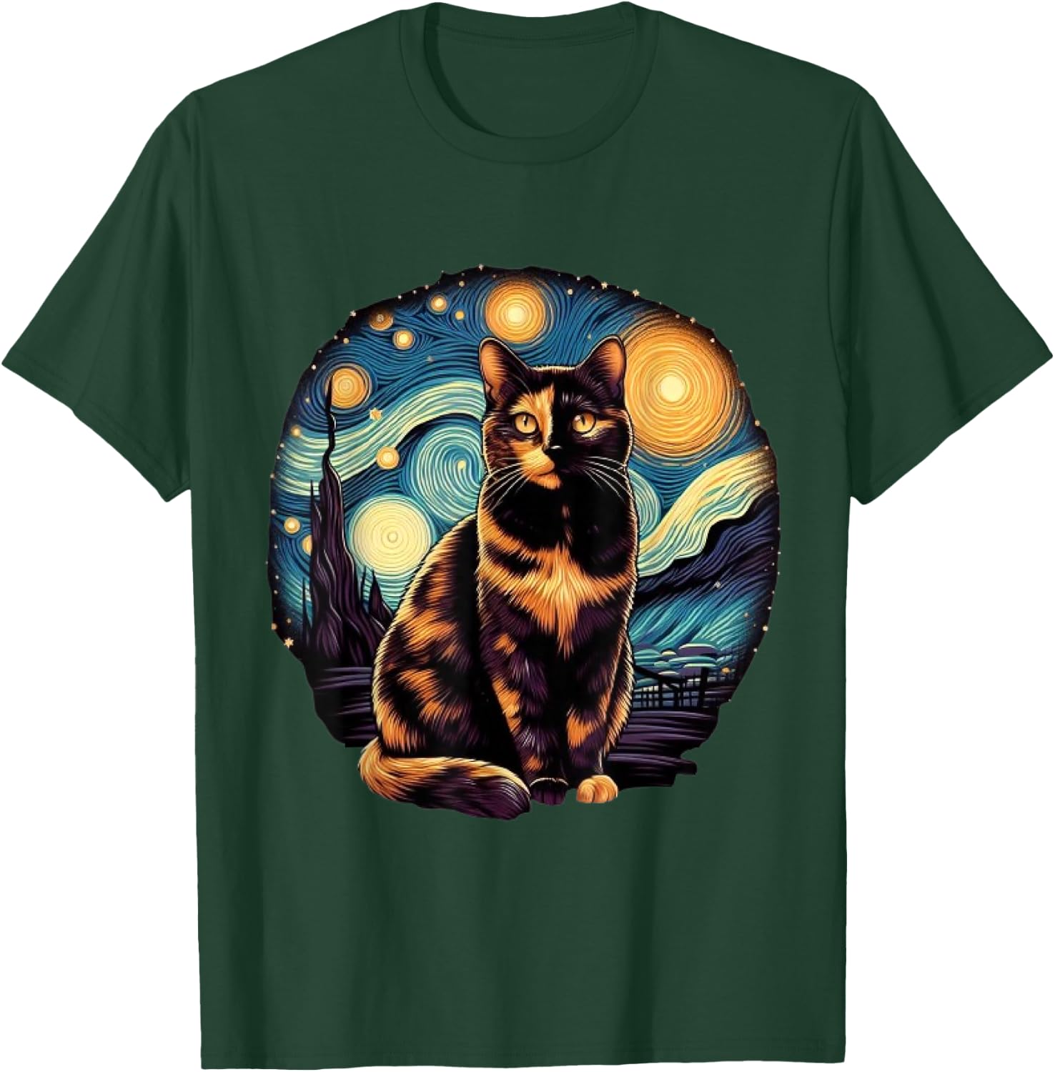 Tortoiseshell Tortie Starry Night Kitty Cat Art Men Women Kids T-Shirt - T-Shirt | Forest