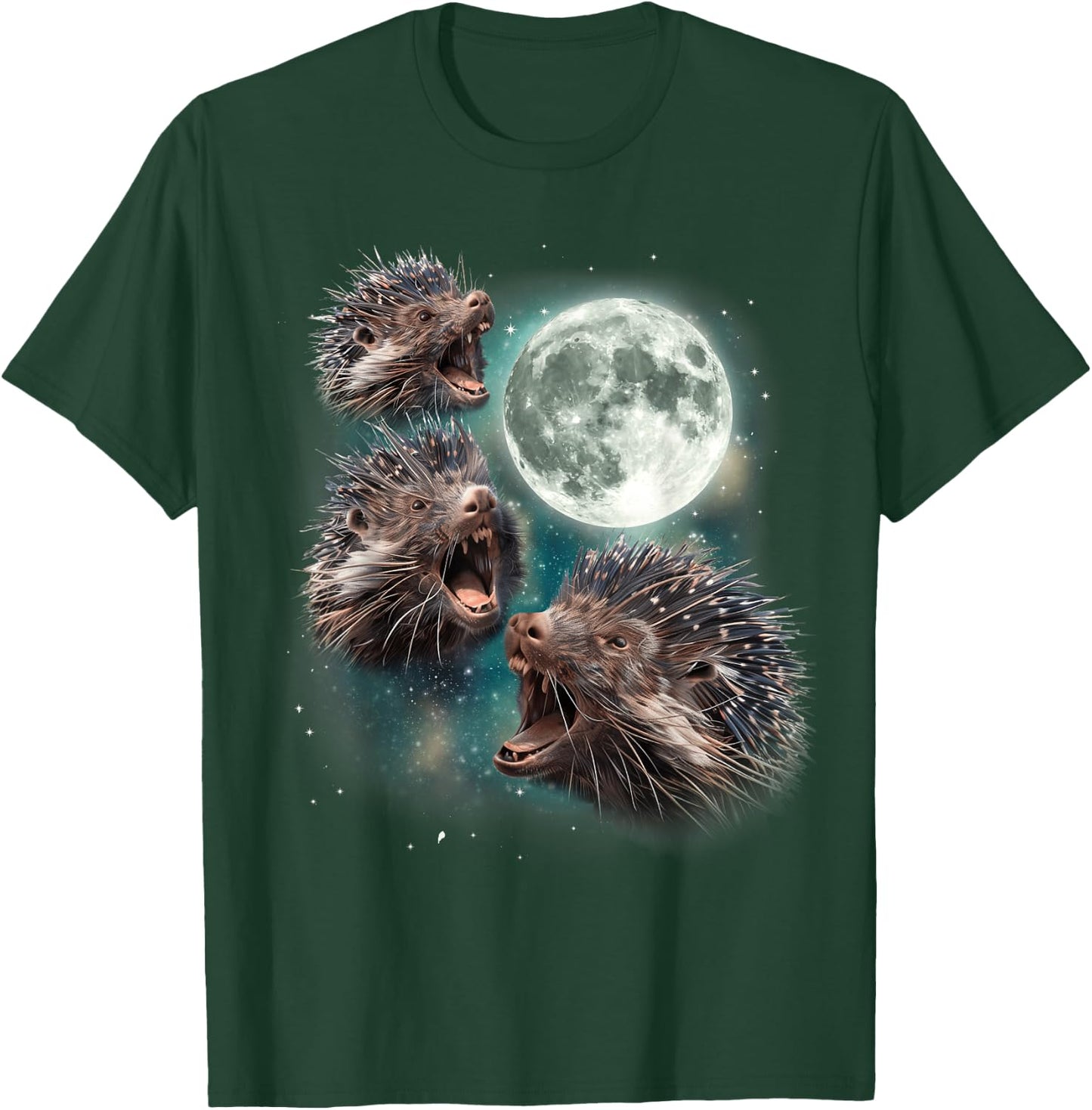 Three Porcupine Moon | Funny 3 Howling Quill Pig Parody Meme T-Shirt - T-Shirt | Forest