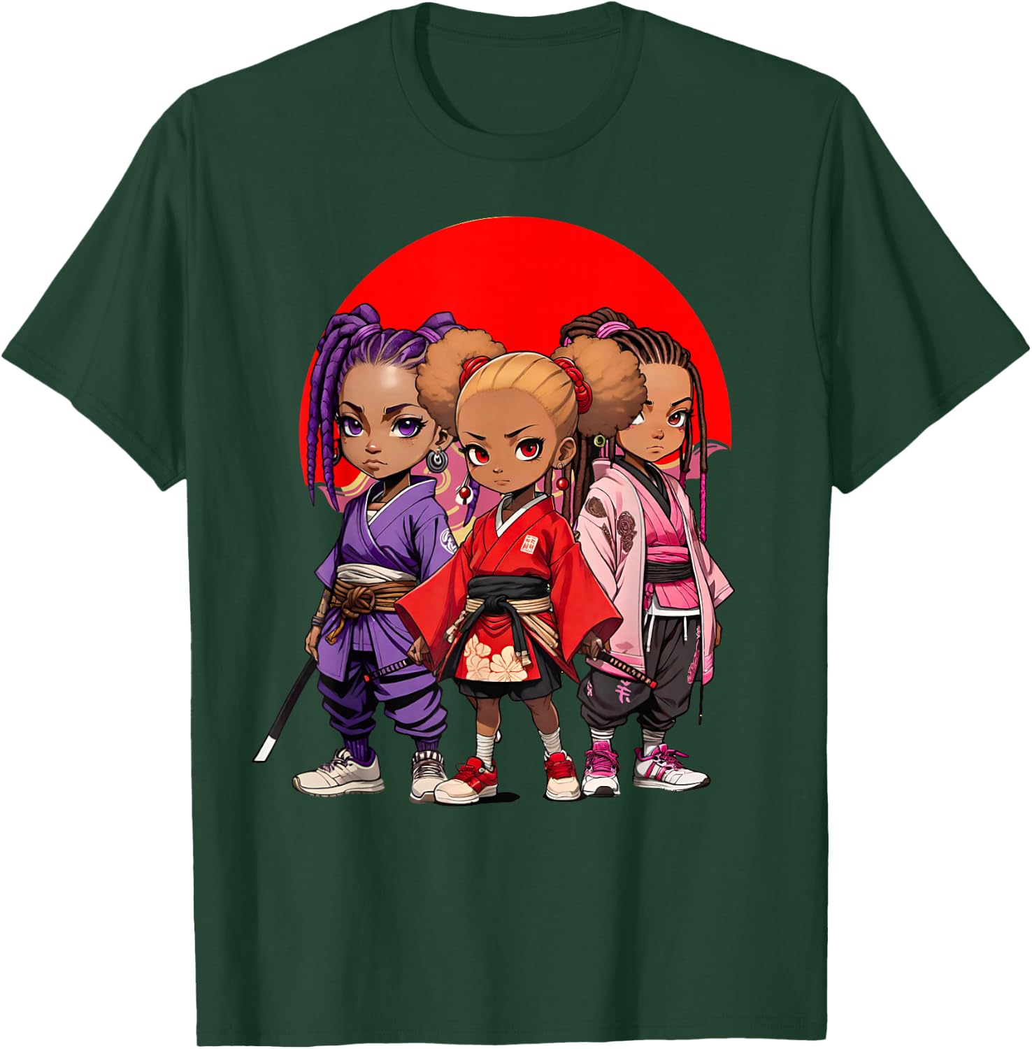 Samurai Girls Anime Afro | Japanese Retro Style Natural Hair T-Shirt - T-Shirt | Forest
