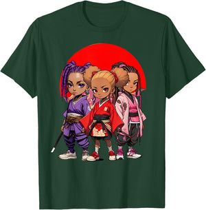 Samurai Girls Anime Afro | Japanese Retro Style Natural Hair T-Shirt - T-Shirt | Forest