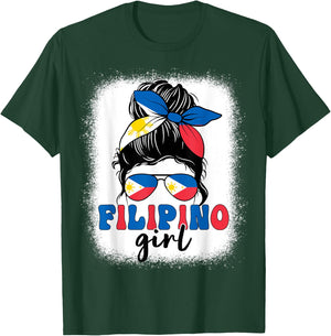 Filipino Girl Messy Bun Philippines Flag Patriotic Women Kid T-Shirt - T-Shirt | Forest