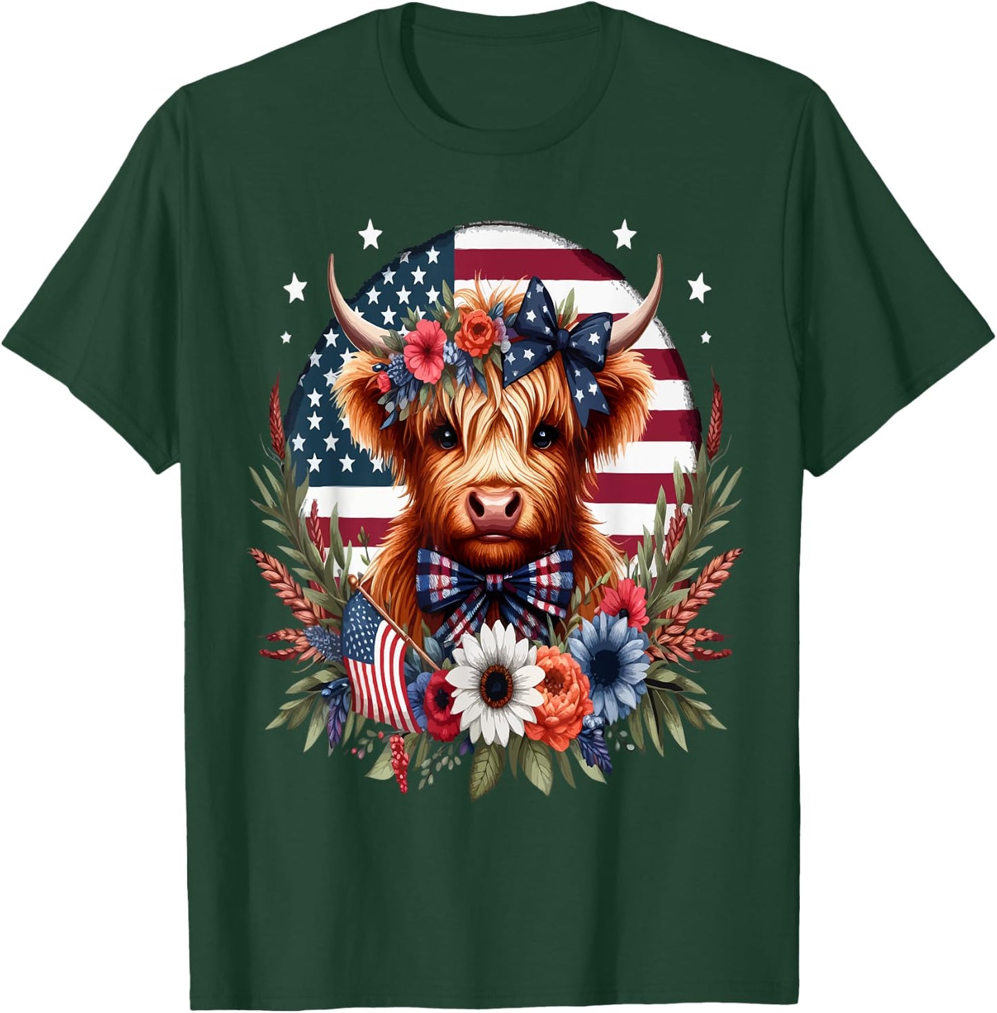 Cute Highland Cow Florals 4th of July USA Flag Patriotic Cow Men T-Shirt - T-Shirt | Forest