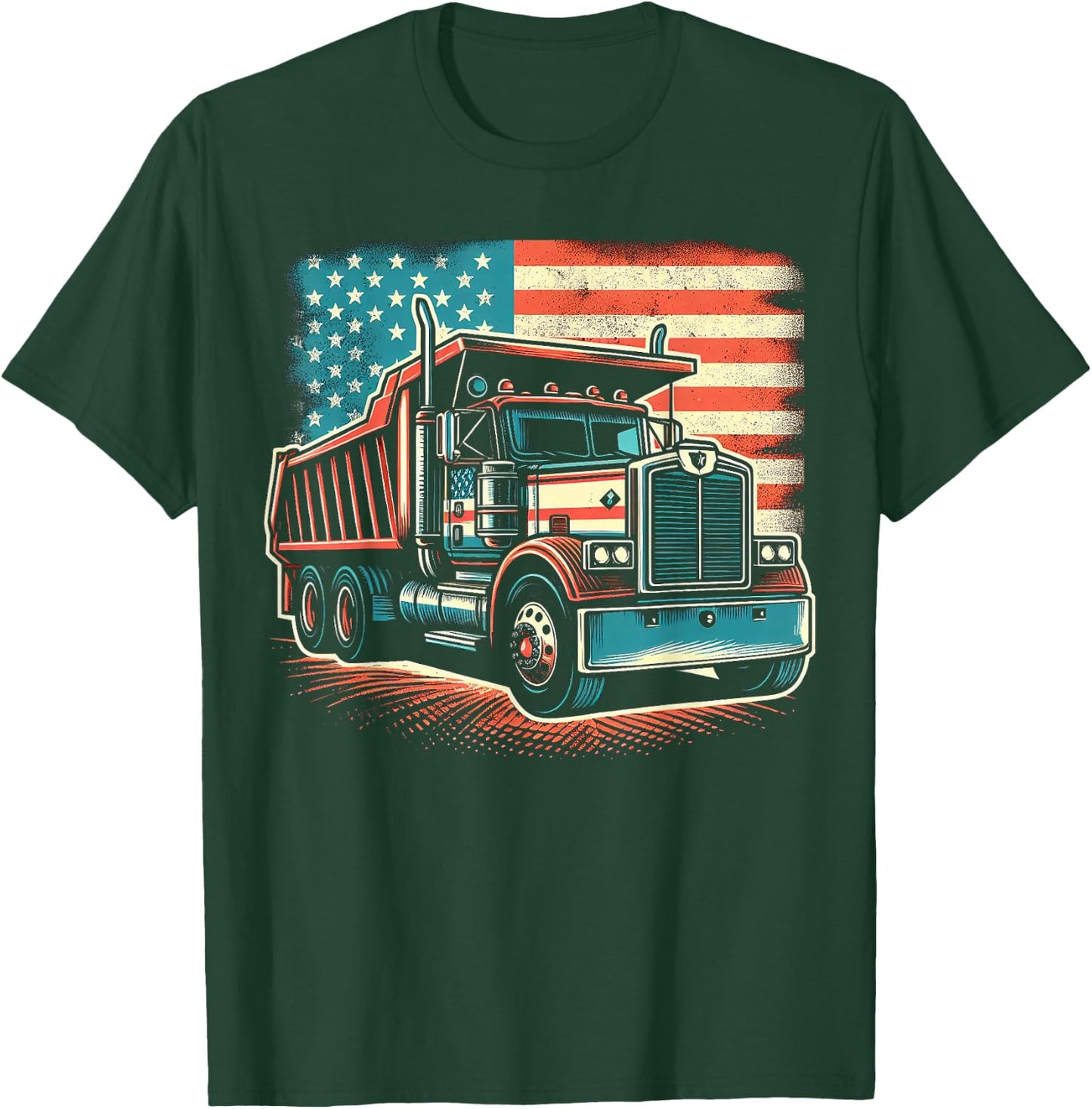 Dump Truck Driver American Flag Trucker Vintage Men Women T-Shirt - T-Shirt | Forest