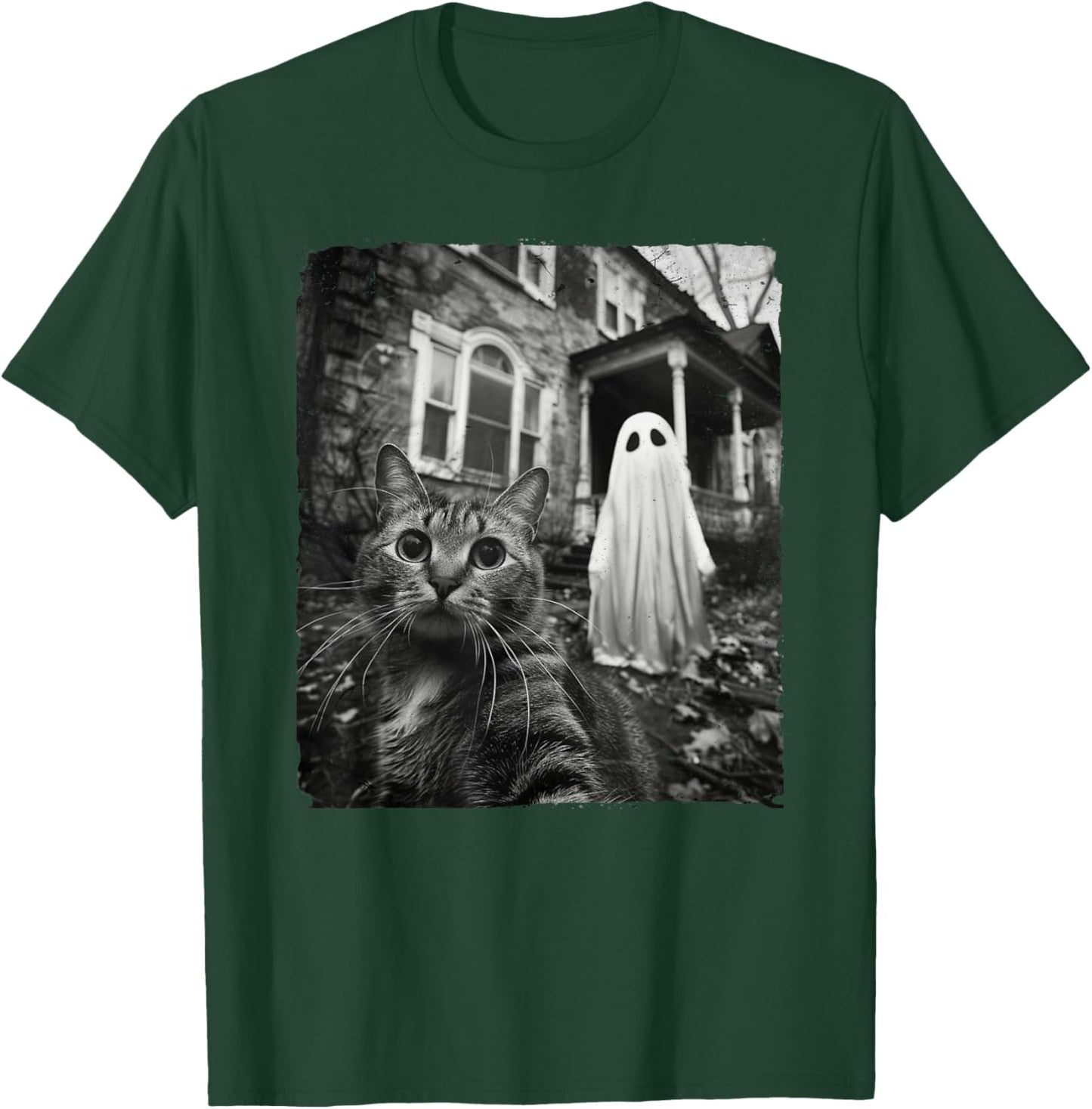 Funny Cat Selfie Ghost Halloween House Photo Haunted Spooky Women Kids T-Shirt - T-Shirt | Forest