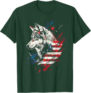 Wolf American Flag USA Patriotic Wolf Lover Women Kids Men T-Shirt - T-Shirt | Forest