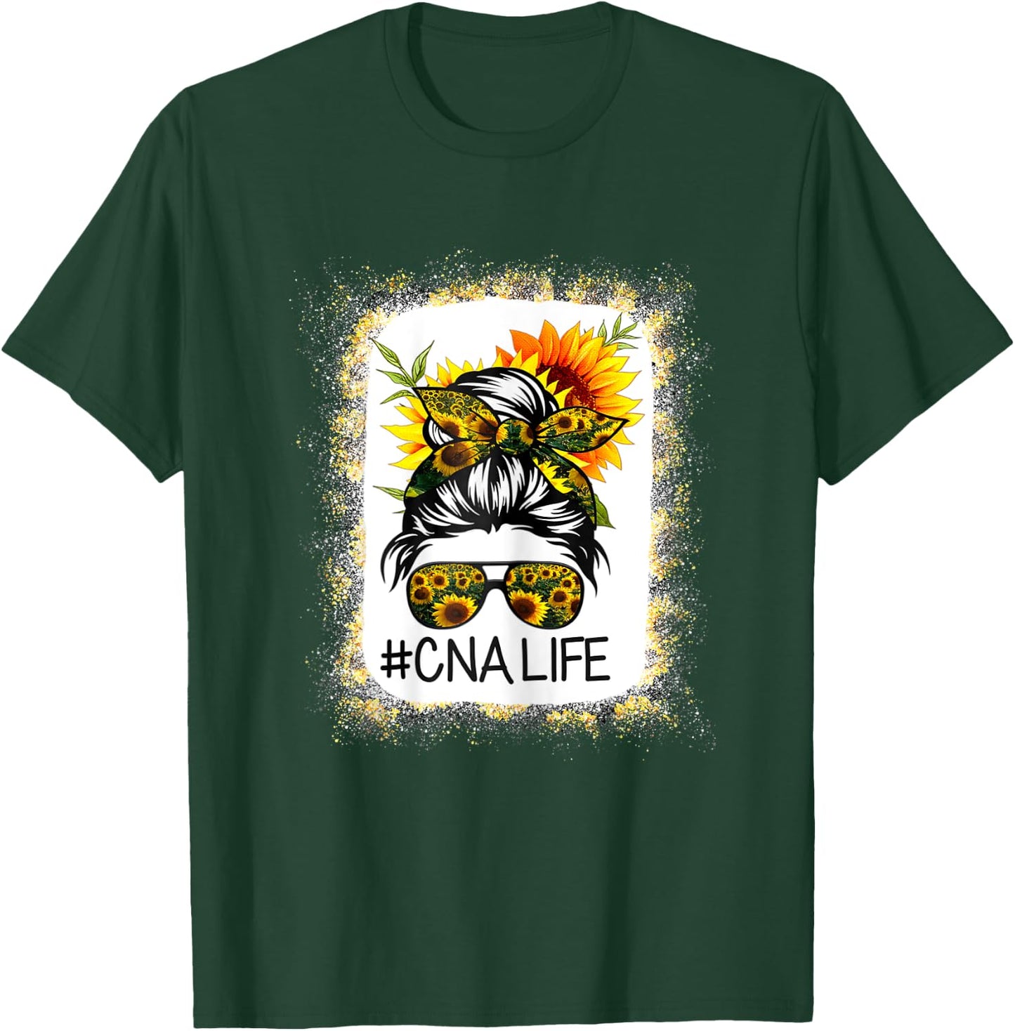 CNA Life Messy Hair Bun Sunflower Women Mother's Day T-Shirt - T-Shirt | Forest