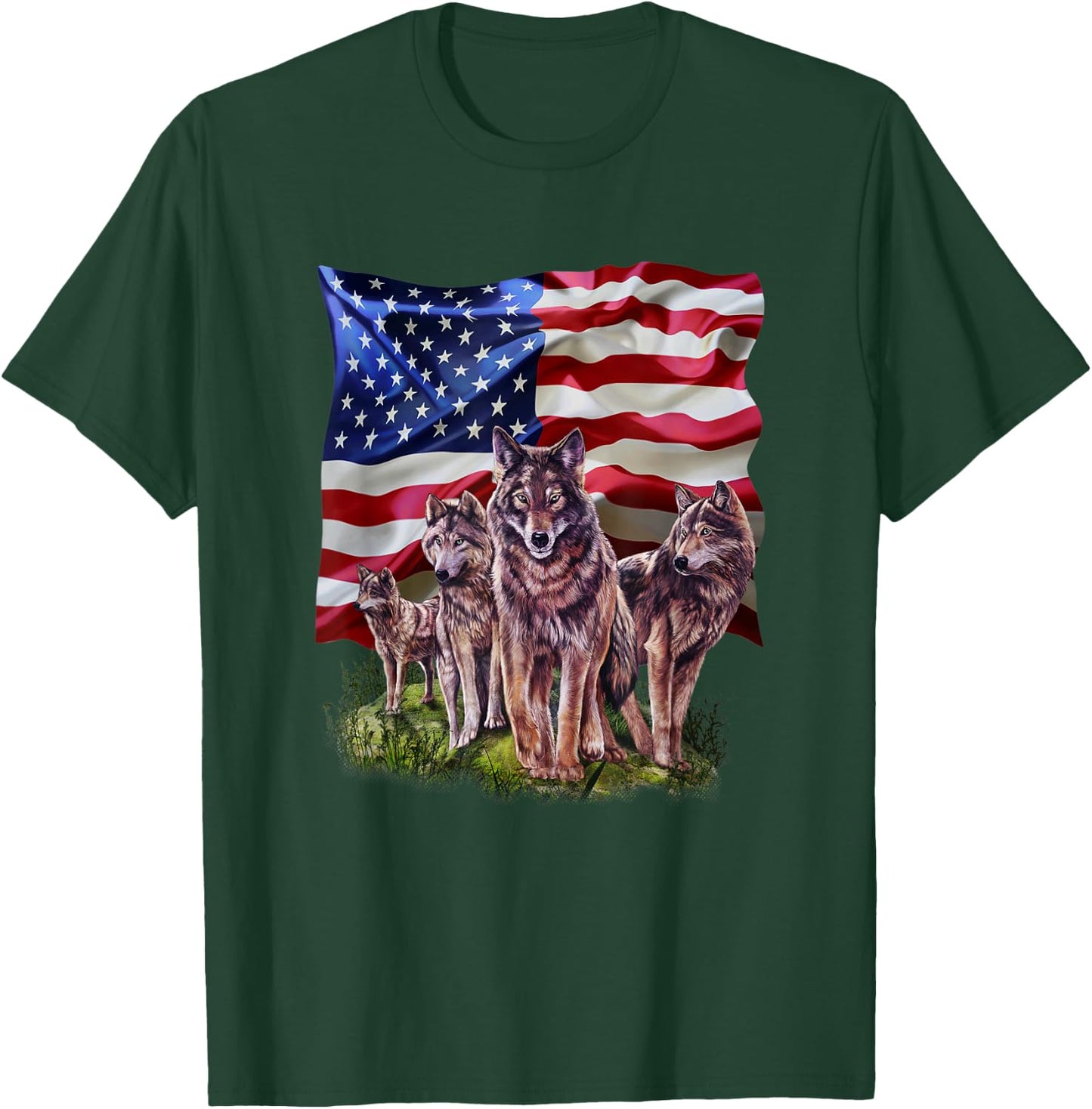 Wolf Family with Flag of USA T-Shirt - T-Shirt | Forest