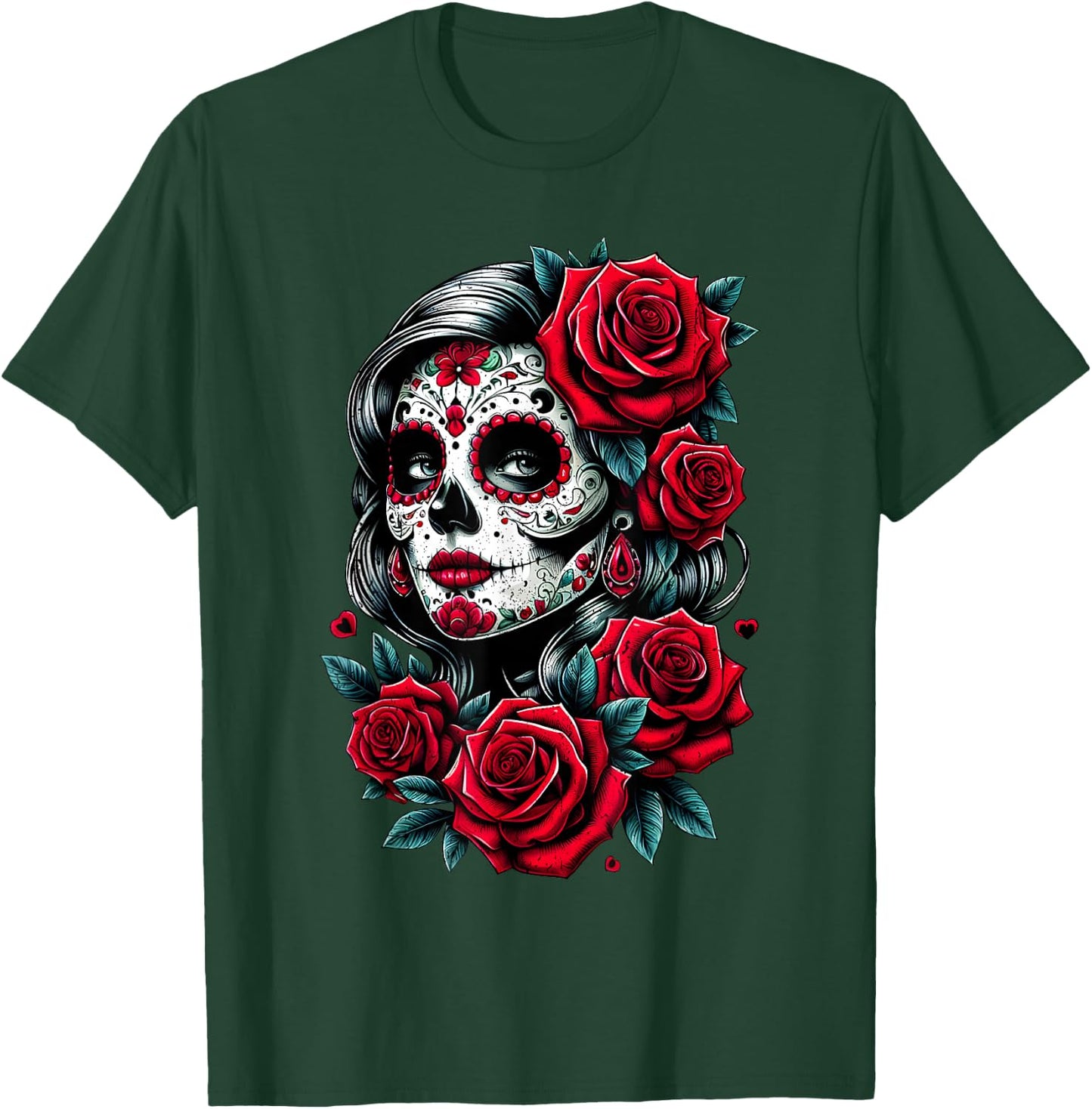 Dia de Muertos Cinco de Mayo Sugar Skull Women Red Roses T-Shirt - T-Shirt | Forest