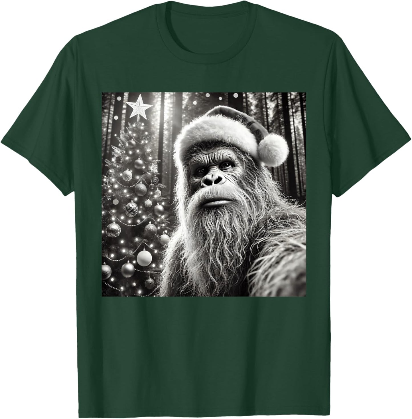 Funny Christmas Bigfoot -Adults Bigfoot Selfie with Christmas Tree Funny Sasquatch Design Black Short Sleeve Small T-Shirt - T-Shirt | Forest