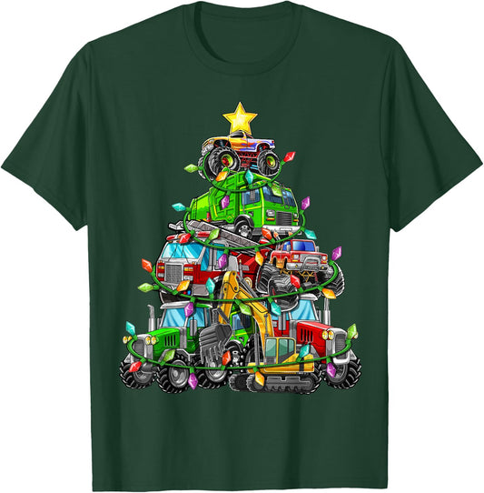 Christmas Tree Monster Truck Tractor Excavator Firetruck Boy T-Shirt - T-Shirt | Forest