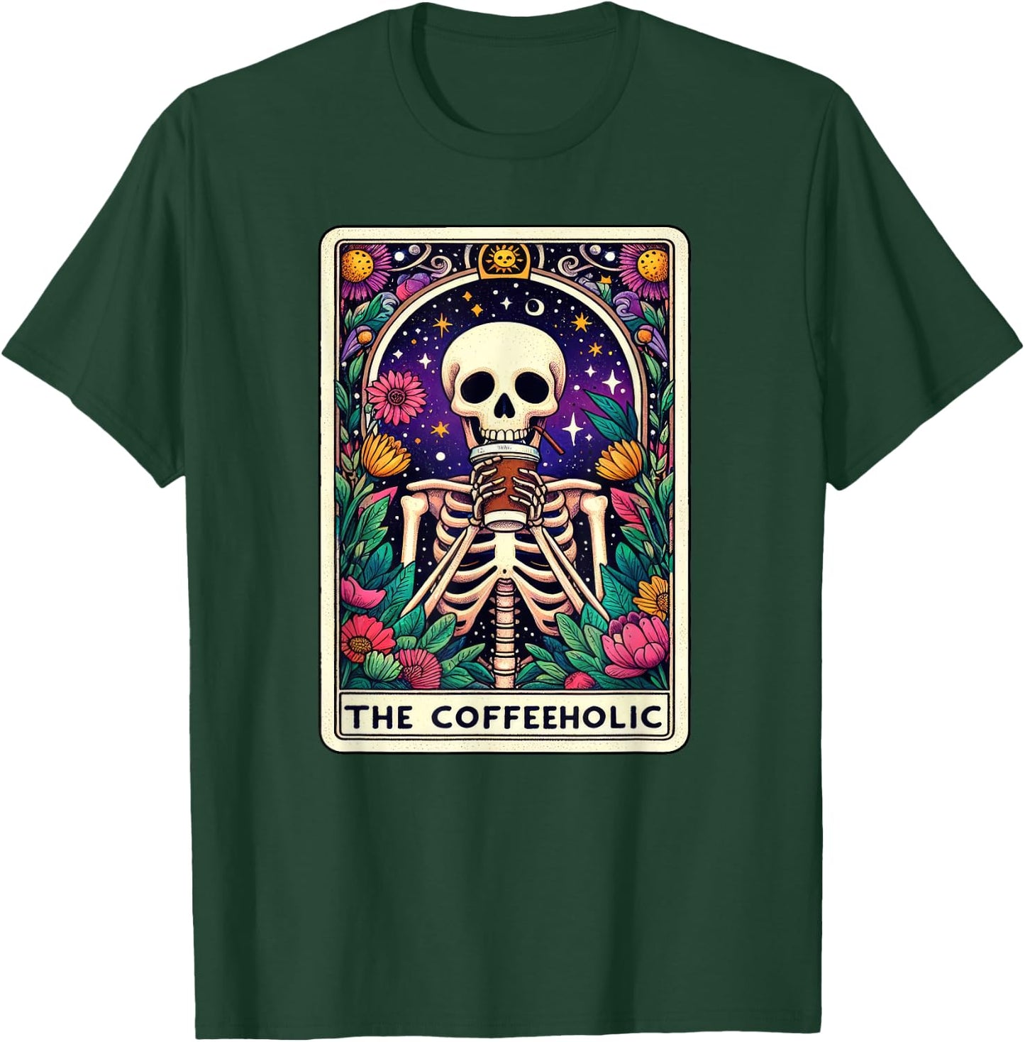 Funny Coffee Lover, Tarot Card Coffeeholic Skeleton Graphic T-Shirt - T-Shirt | Forest