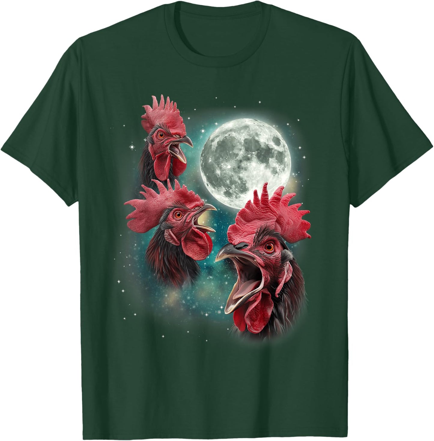 Three Rooster Moon | 3 Chickens Cluck At Moon Cursed Farm T-Shirt - T-Shirt | Forest