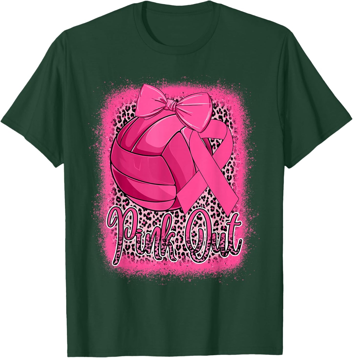 Pink Out Breast Cancer Awareness Volleyball Leopard Bleached T-Shirt - T-Shirt | Forest