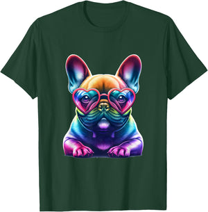 Rainbow Frenchie Wearing Heart Glasses Puppy Love Dog Funny T-Shirt - T-Shirt | Forest