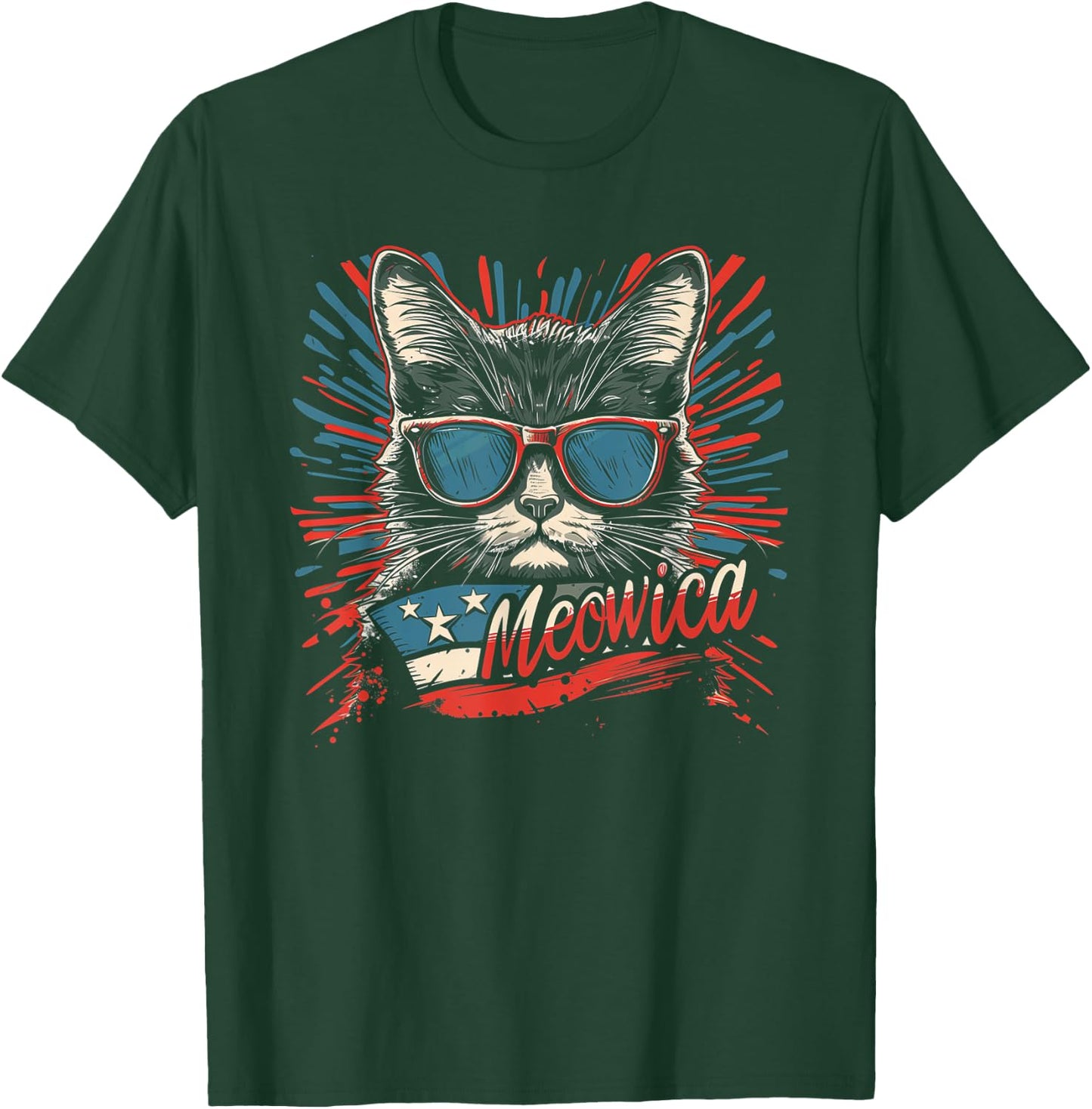 Meowica 4th of July Cat American Flag America USA Funny Kids Men T-Shirt - T-Shirt | Forest
