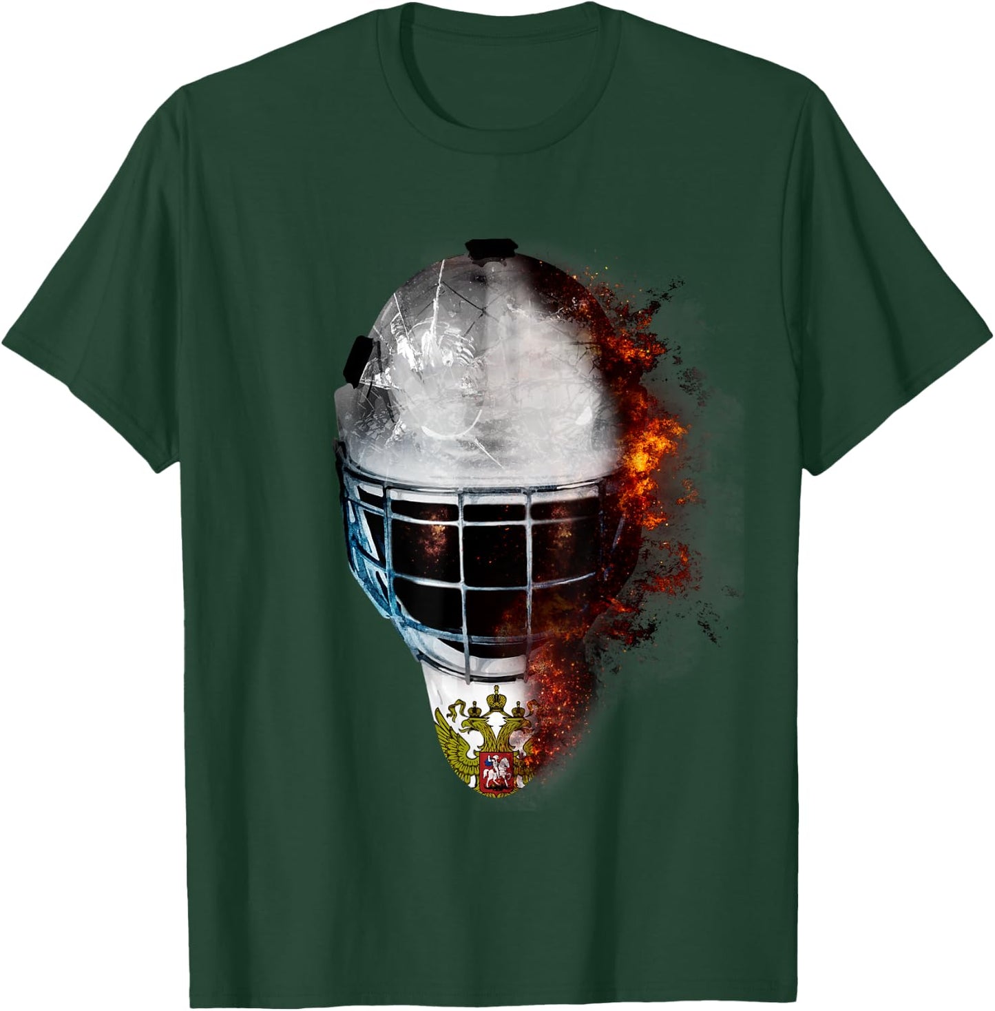 Russia Flag And Ice Hockey Goal Mask Fire Hockey T-Shirt - T-Shirt | Forest