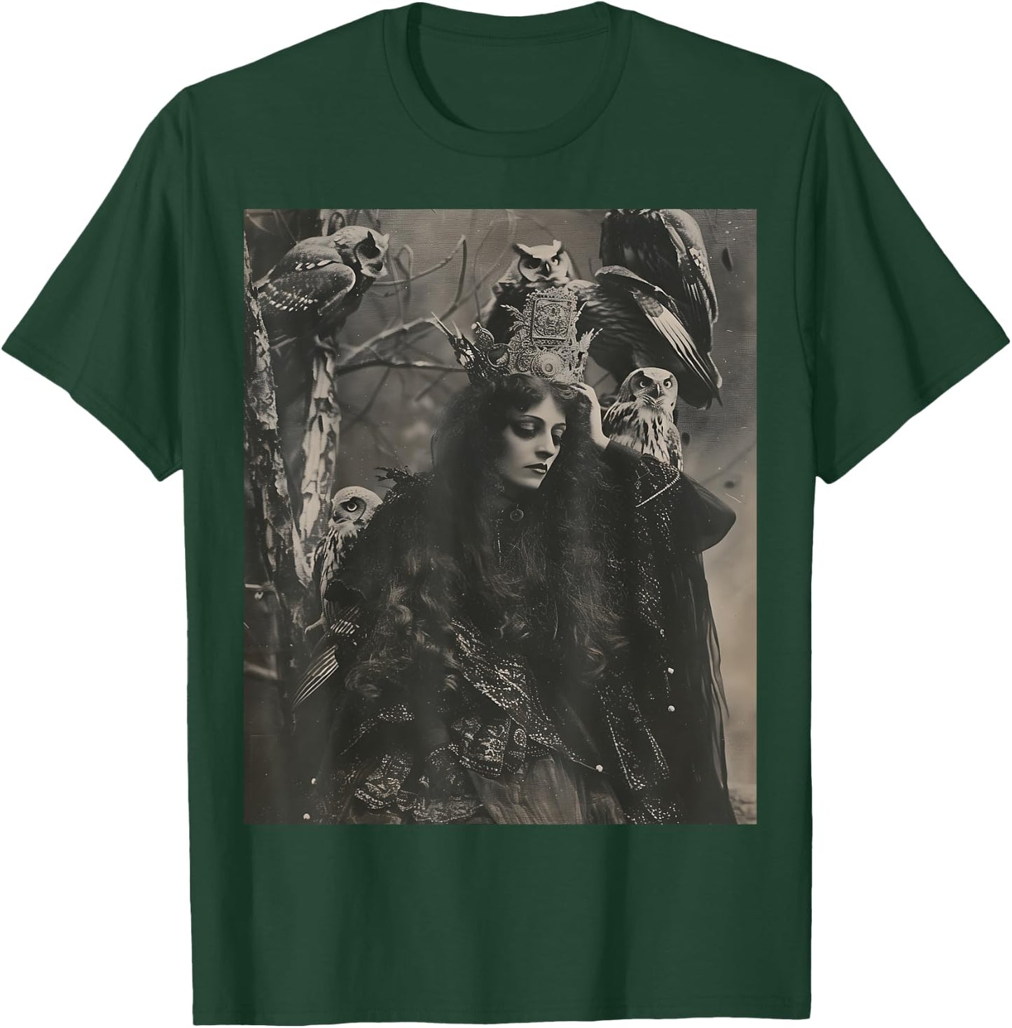 Vintage Witch Sorceress With Raptor Owl Birds Goth Gothic T-Shirt - T-Shirt | Forest