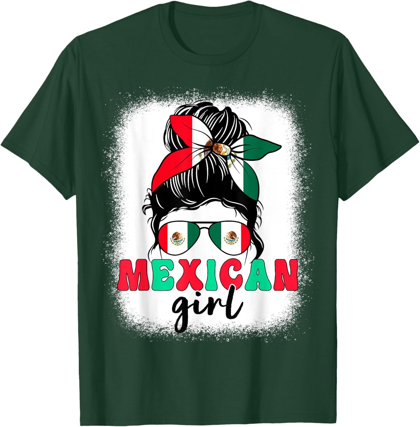 Mexican Girl Messy Bun Mexico Flag Patriotic Women Kids T-Shirt - T-Shirt | Forest