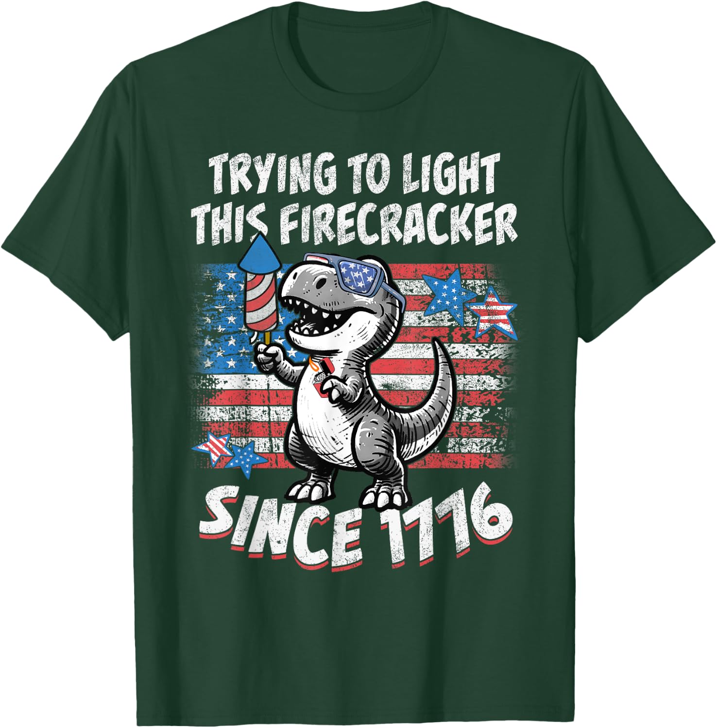 Funny Dino American Flag Firework T Rex Dinosaur 4th of July T-Shirt - T-Shirt | Forest