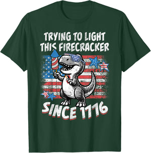 Funny Dino American Flag Firework T Rex Dinosaur 4th of July T-Shirt - T-Shirt | Forest