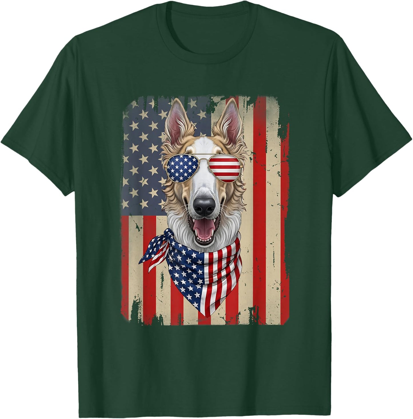 4th of July Borzoi Dog American Flag USA Patriotic T-Shirt - T-Shirt | Forest