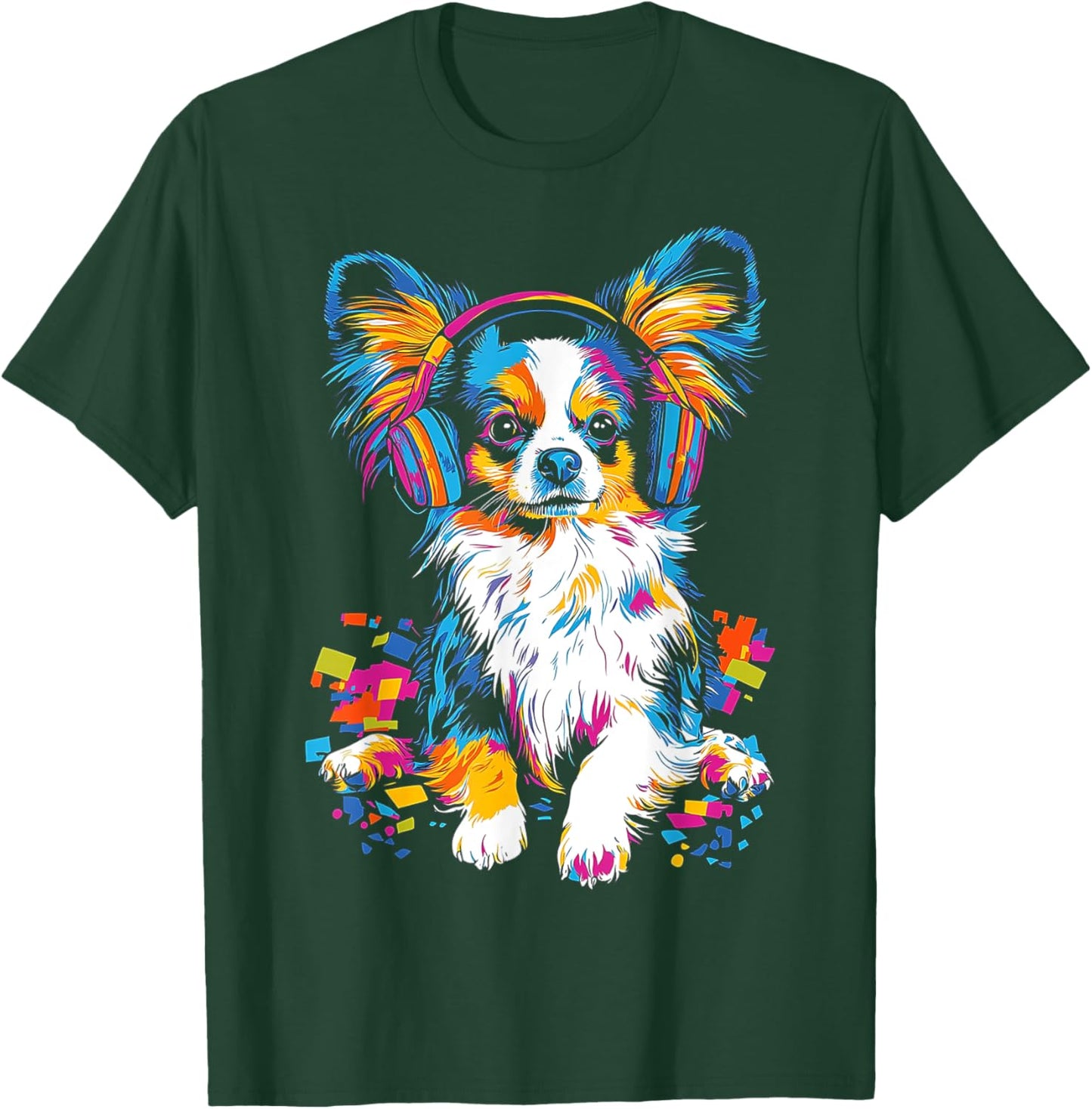 Papillon Dog Motif Pet Artwork Music Headphone Papillon T-Shirt - T-Shirt | Forest