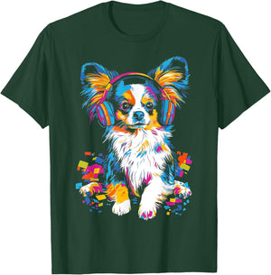 Papillon Dog Motif Pet Artwork Music Headphone Papillon T-Shirt - T-Shirt | Forest