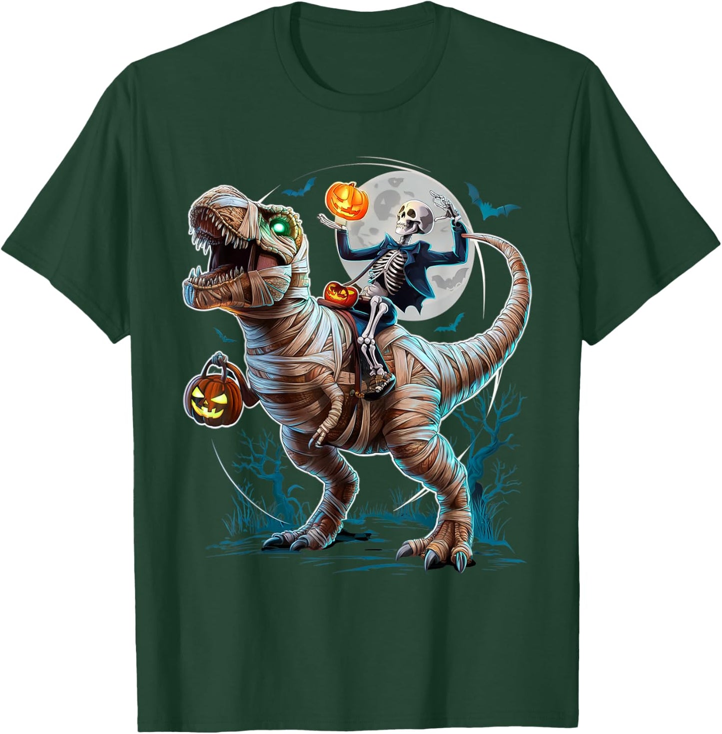 Skeleton Riding Mummy Pumpkin T Rex Dinosaur Funny Halloween T-Shirt - T-Shirt | Forest