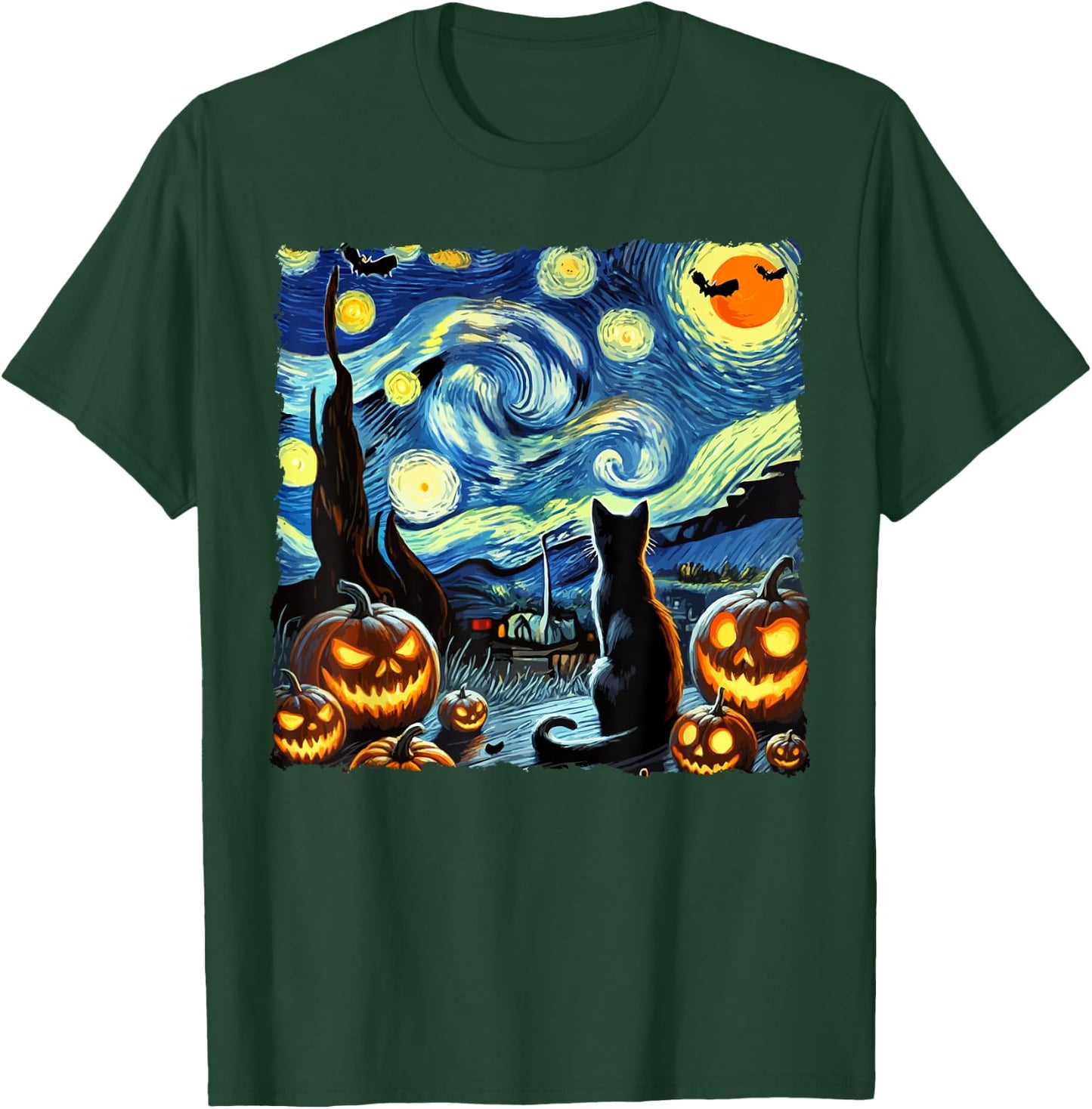 Halloween Van Gogh Starry Night Black Cat Men Women Kids T-Shirt - T-Shirt | Forest