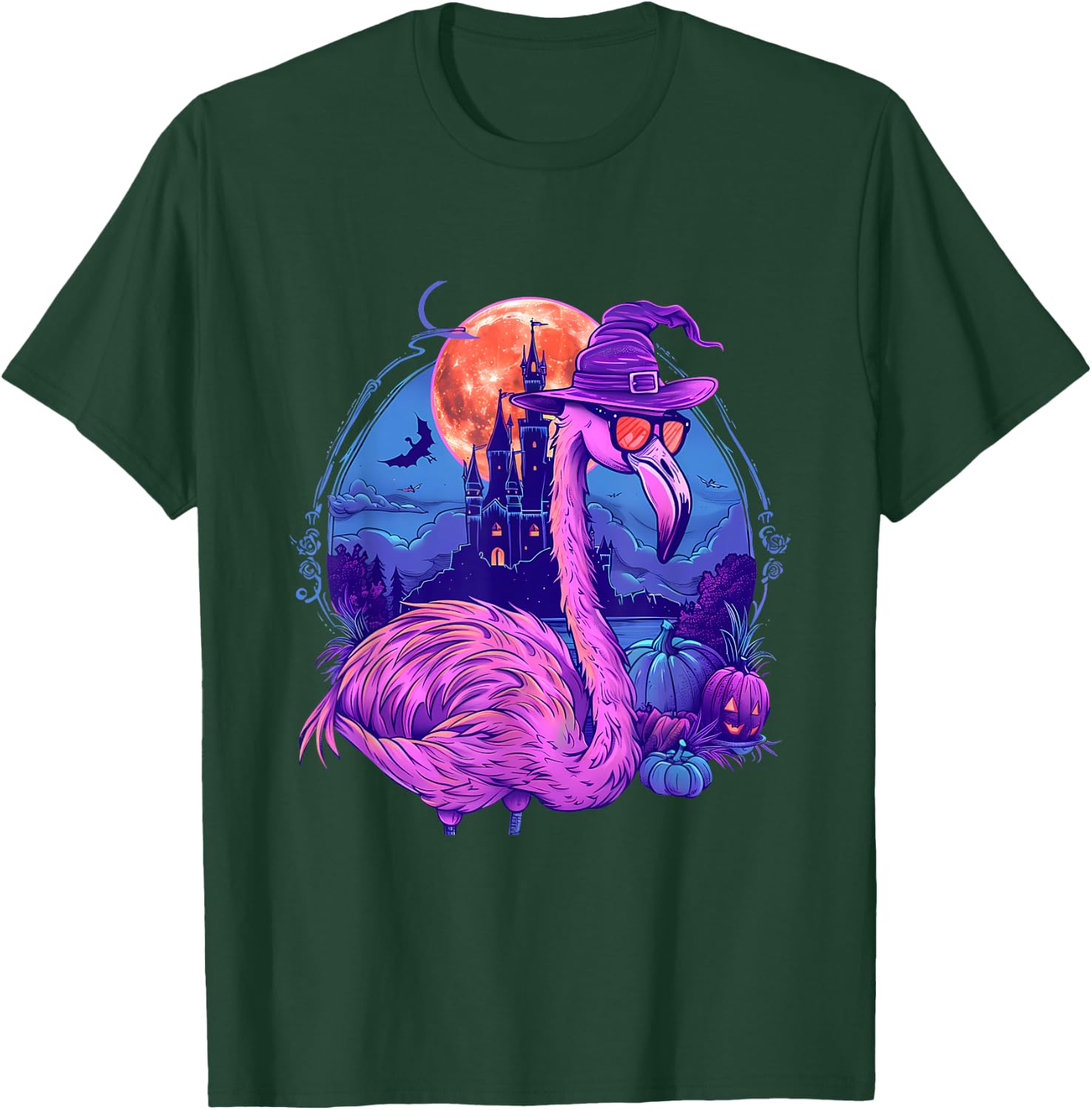 Halloween Flamingo Pumpkin Trick Or Treat Haunted Castle T-Shirt - T-Shirt | Forest