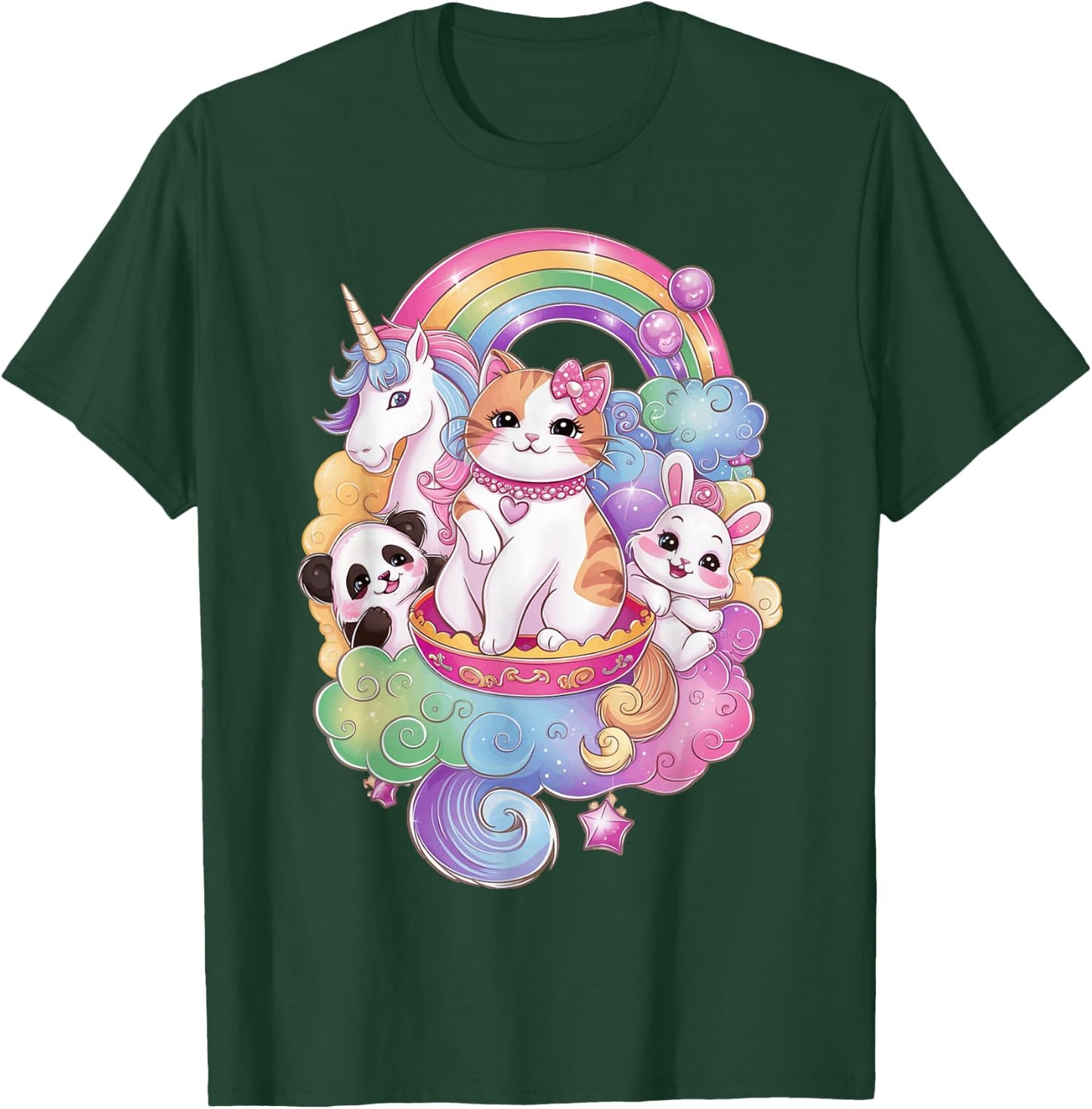 Cute Kawaii Cat Unicorn Panda Bunny Rainbow Anime Teen Kids T-Shirt - T-Shirt | Forest