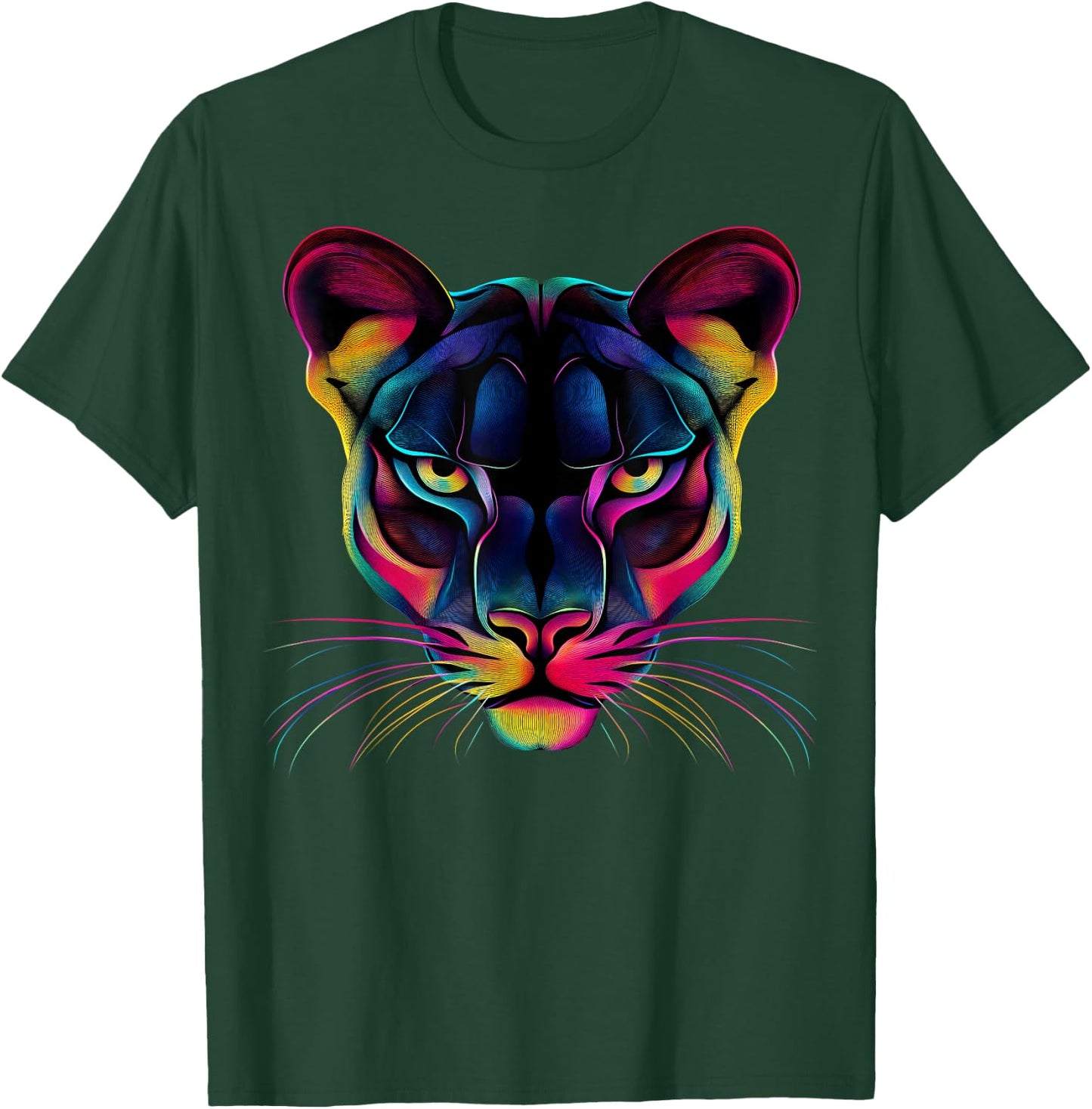 Colorful Mountain Lion Face Wild Animal Big Cats Lover Black T-Shirt - T-Shirt | Forest