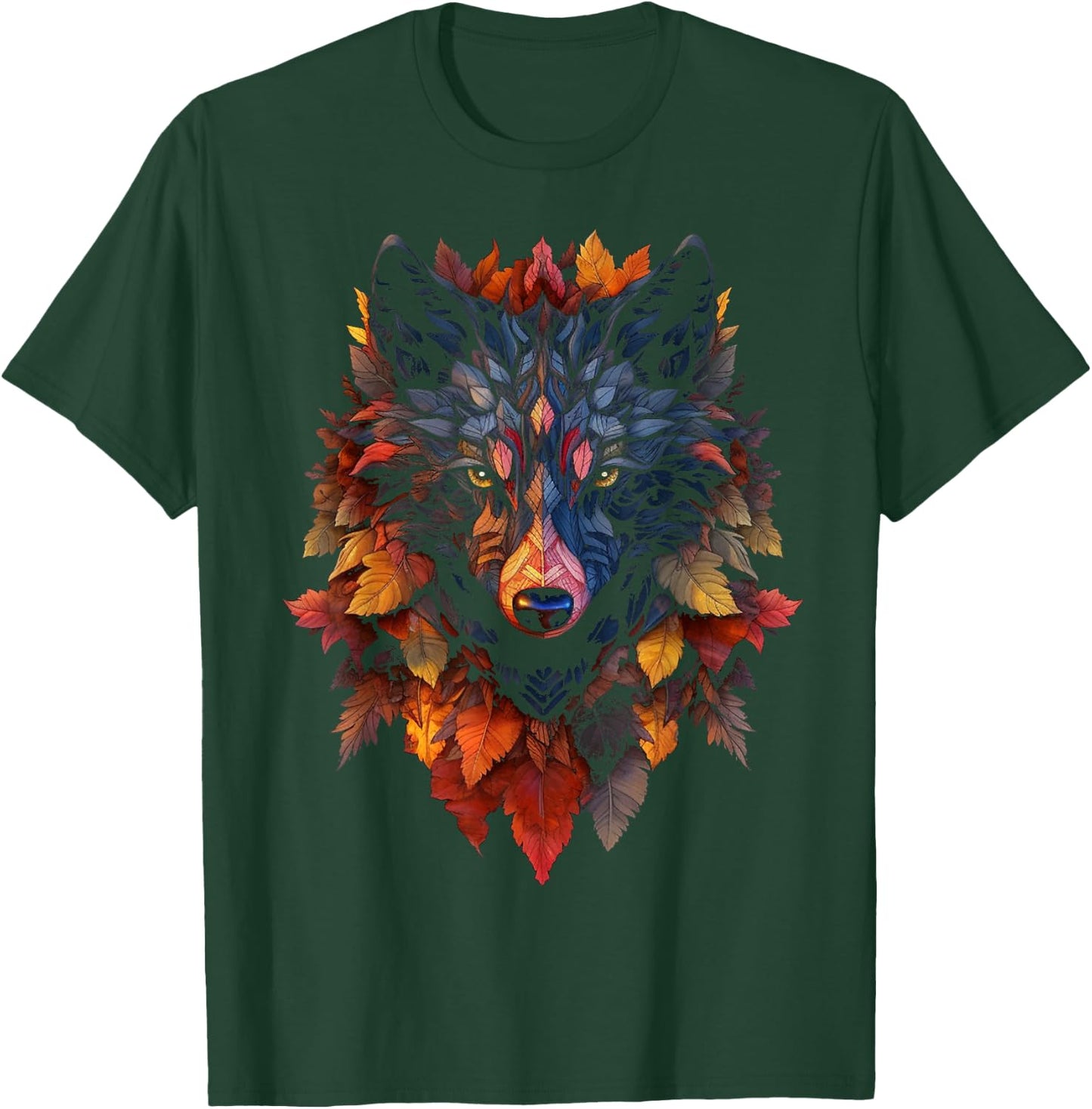 Wolf Autumn Leaves | Art Animal Motif Wolf T-Shirt - T-Shirt | Forest