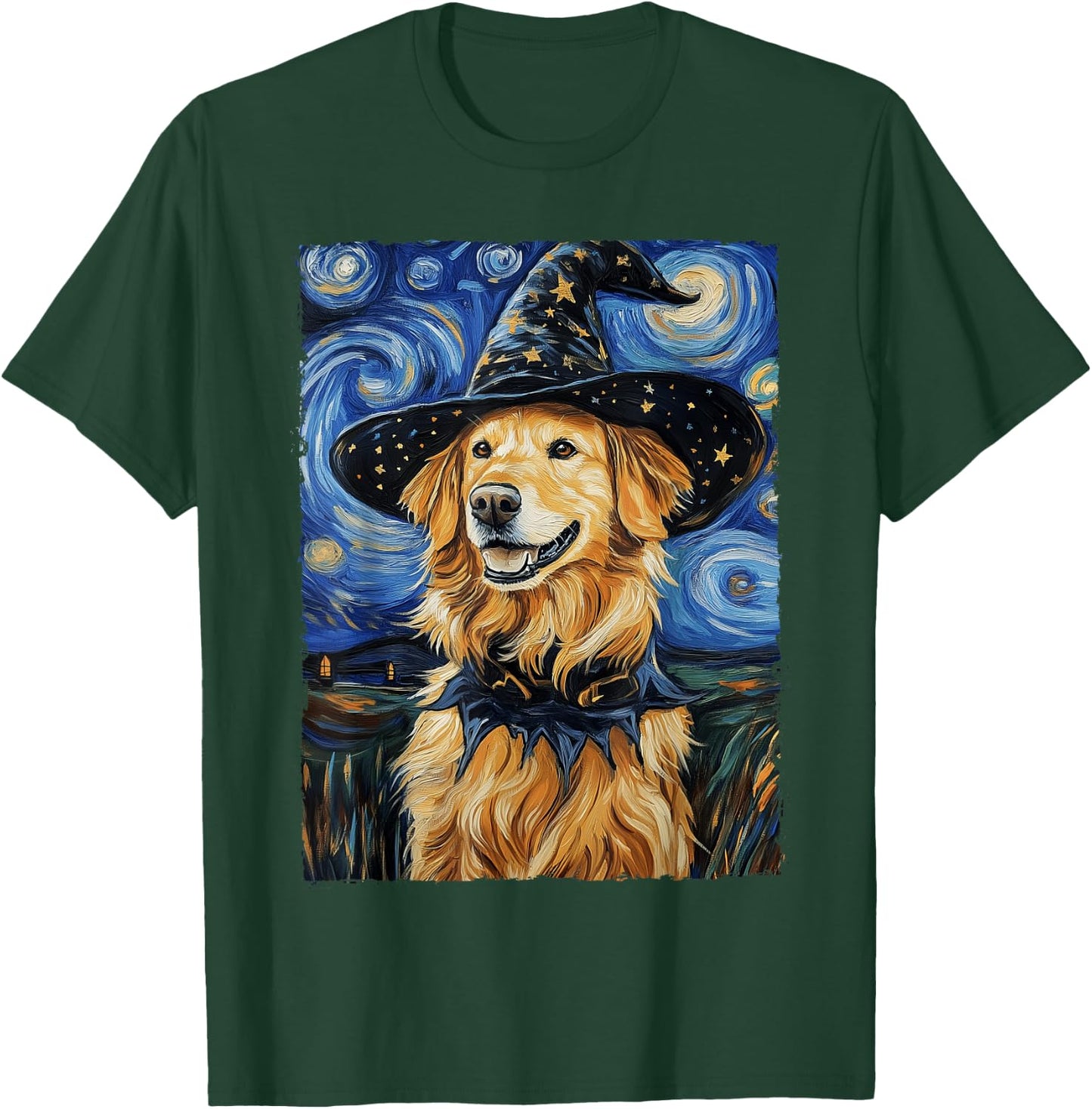Golden Retriever Witch Costume Painting Starry Night Dog Women Kids T-Shirt - T-Shirt | Forest