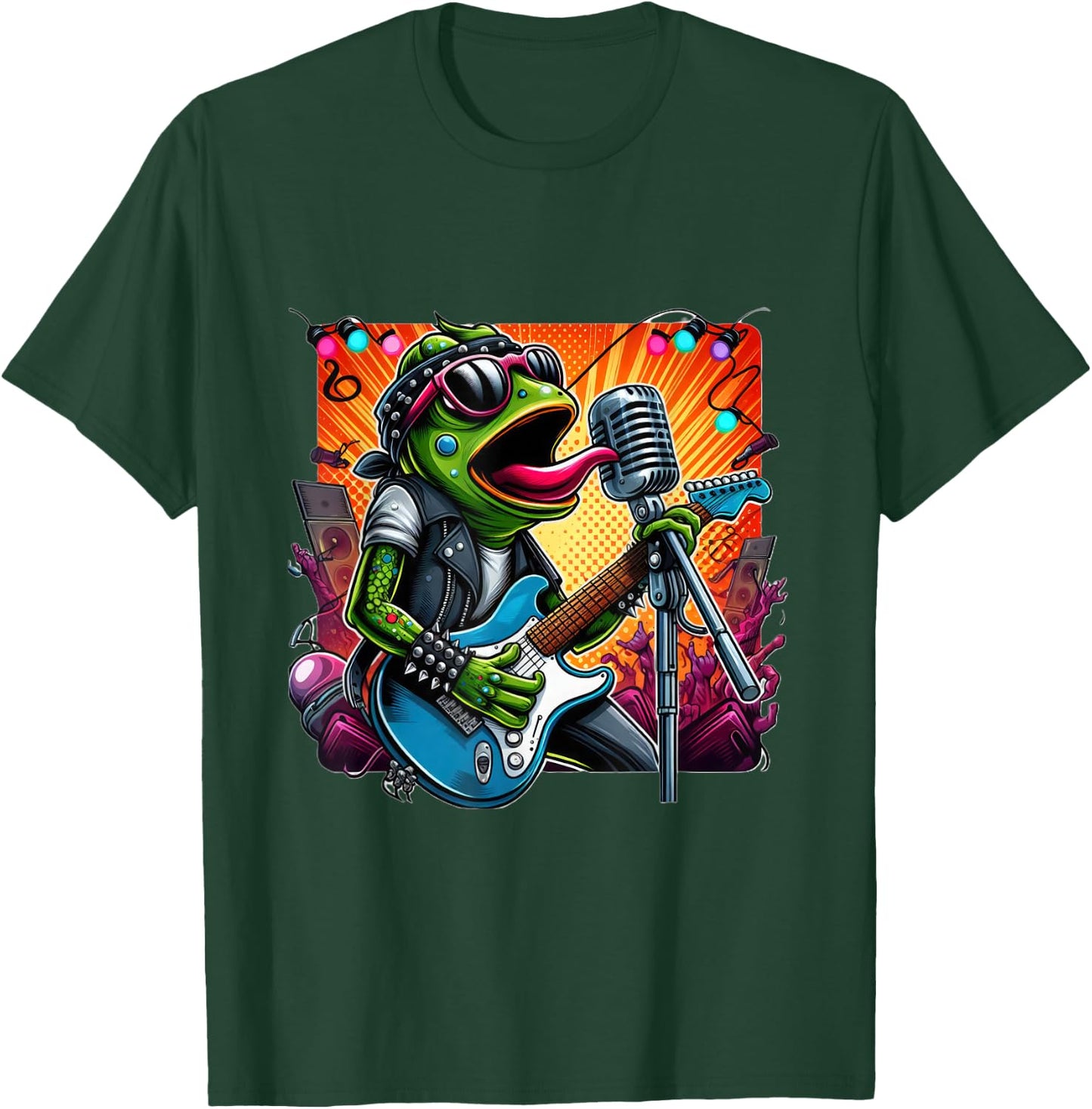 Punk Rock Star Frog Shredding Electric Guitar Vibrant Lights T-Shirt - T-Shirt | Forest