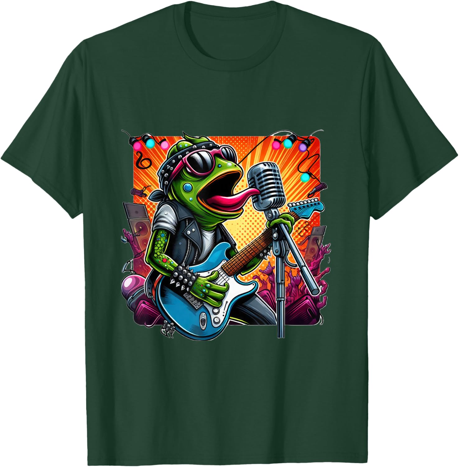 Punk Rock Star Frog Shredding Electric Guitar Vibrant Lights T-Shirt - T-Shirt | Forest