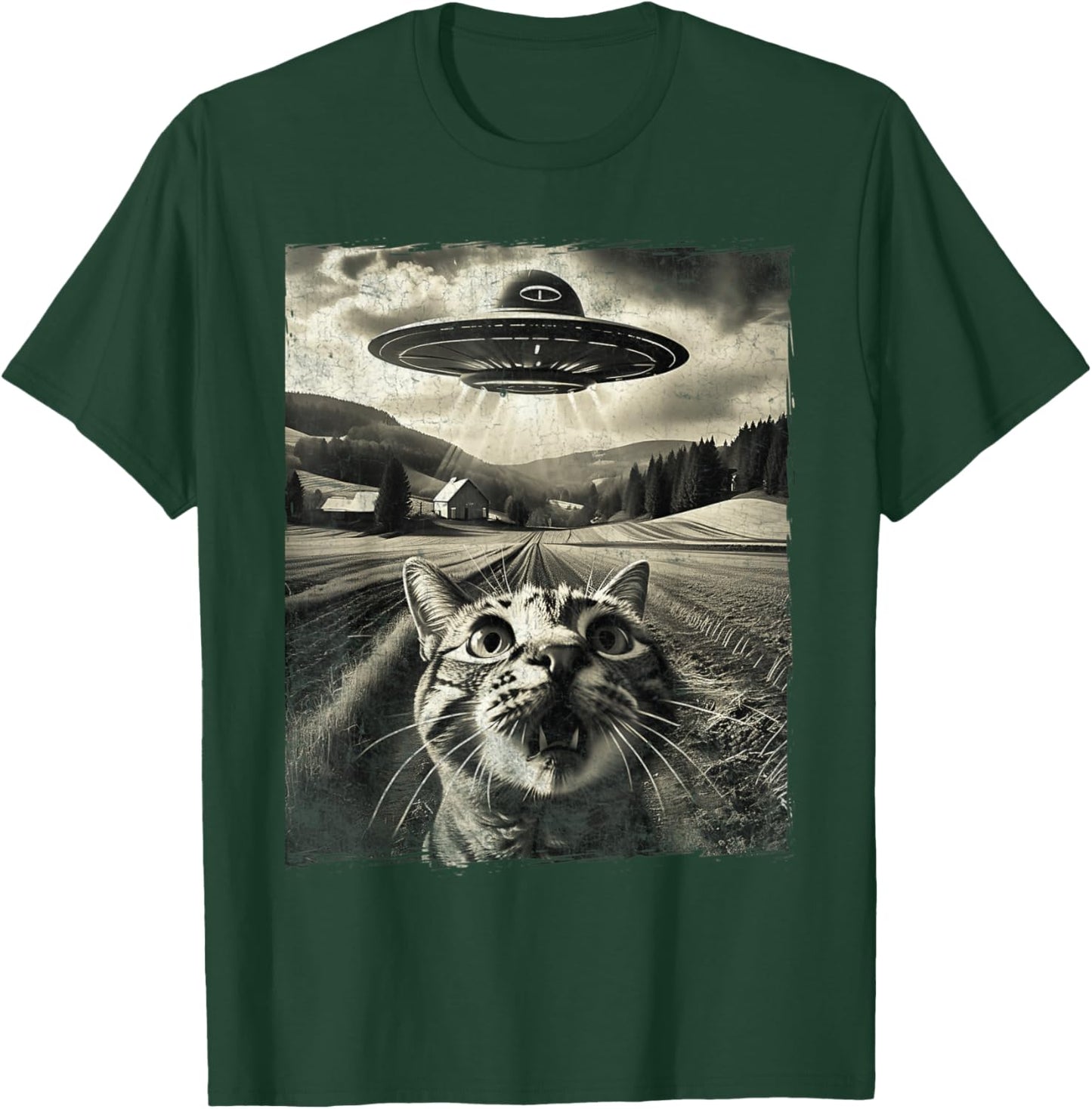 Cat Selfie With UFO Alien Funny Cat Gifts Men Women Kid Boys T-Shirt - T-Shirt | Forest