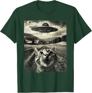 Cat Selfie With UFO Alien Funny Cat Gifts Men Women Kid Boys T-Shirt - T-Shirt | Forest