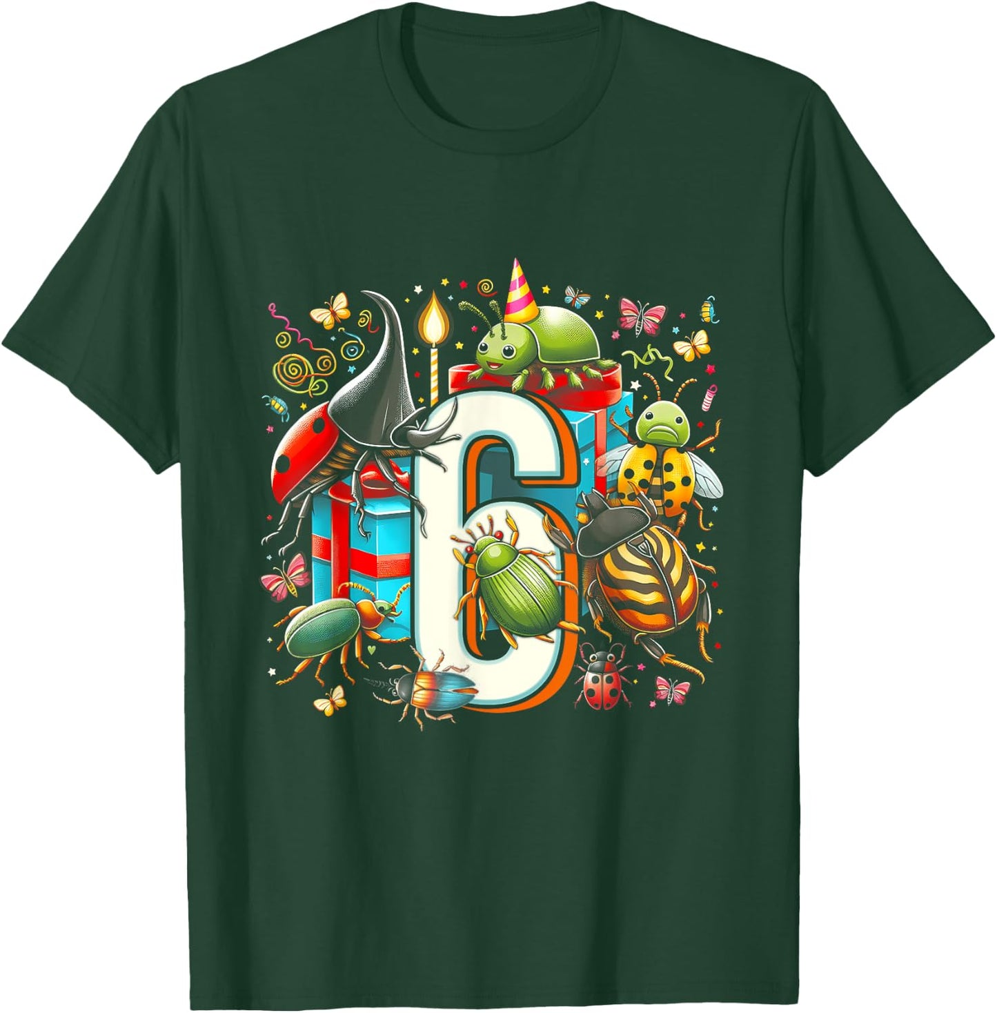 Kids 6th Birthday Bugs Insects Beetles Biology 6 Year Old T-Shirt - T-Shirt | Forest