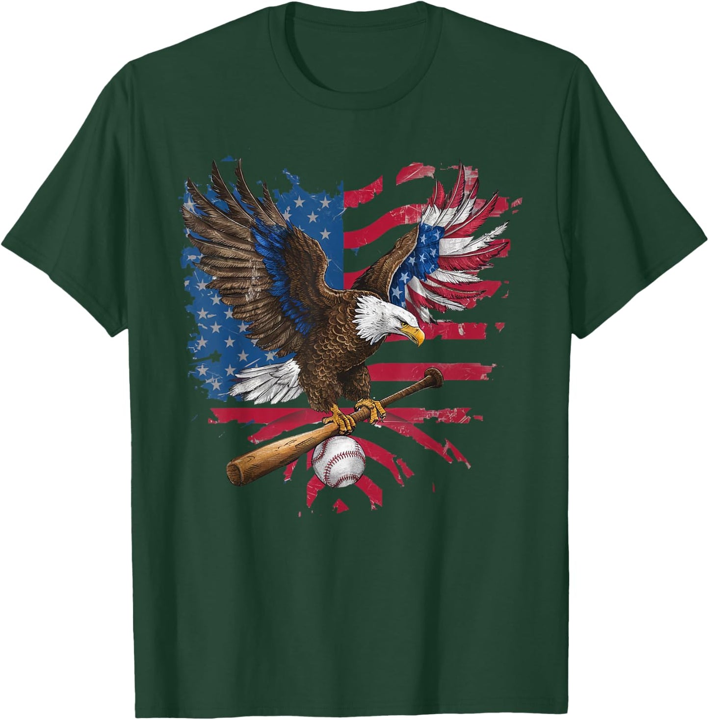 American Flag Baseball Player Bat Fan Catcher Pitcher USA Women Kids Men T-Shirt - T-Shirt | Forest