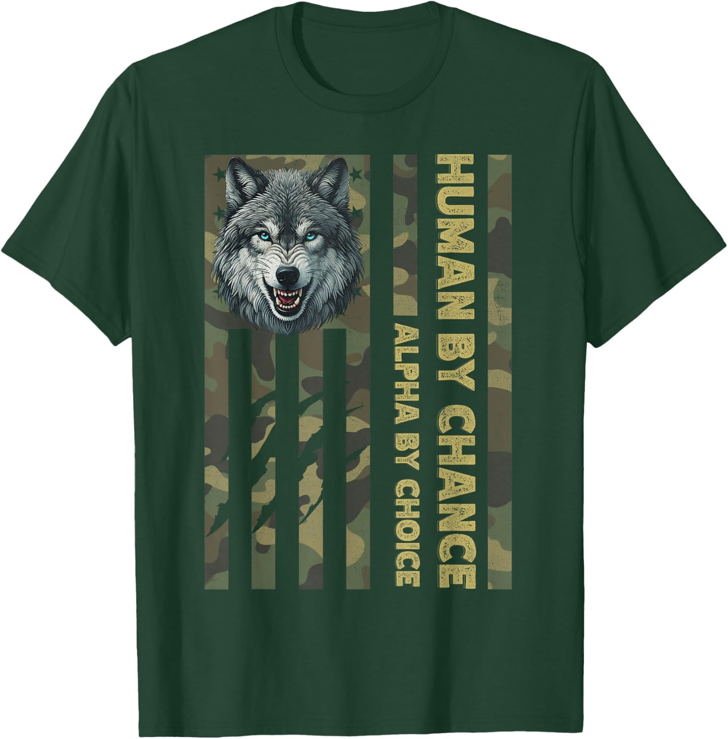 Funny Alpha Wolf Meme Human By Chance Camo American Flag USA T-Shirt - T-Shirt | Forest