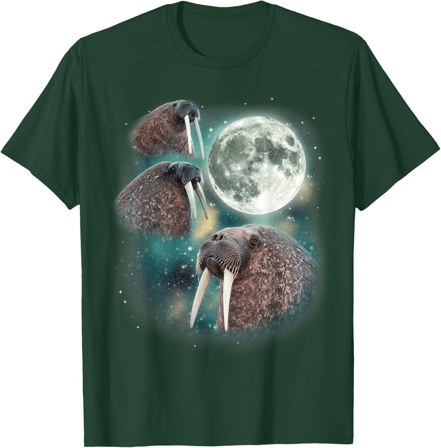 Three Walrus Moon | 3 Howling Walruses Pinniped Moon Parody T-Shirt - T-Shirt | Forest