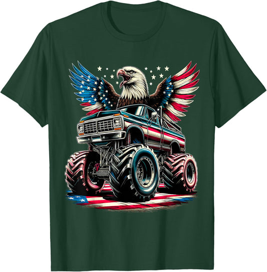 4th of July Boys Monster Truck Bald Eagle American Flag USA T-Shirt - T-Shirt | Forest