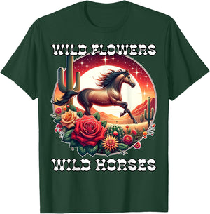 Wild Flowers and Wild Horses Vintage Sunset Country Cowgirl T-Shirt - T-Shirt | Forest