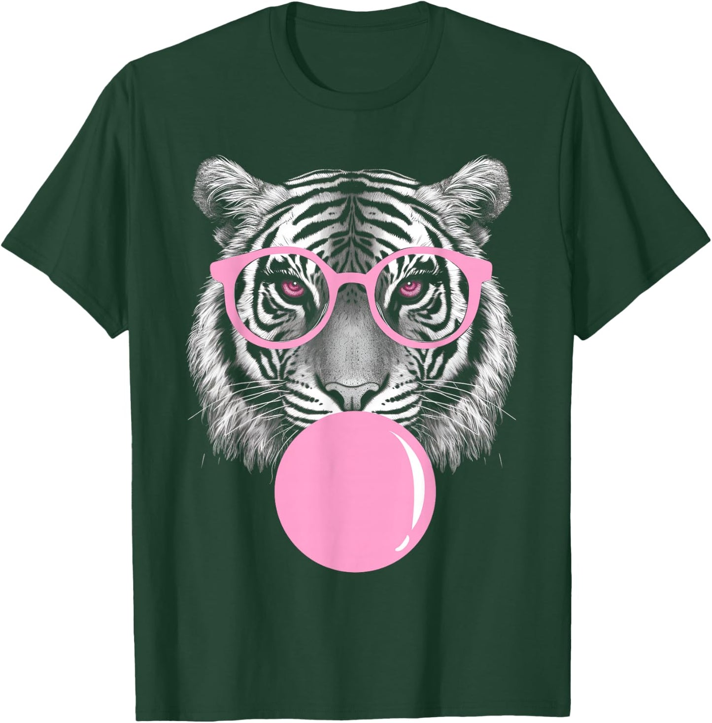Funny Tiger Wearing Glasses and Blowing Pink Bubble Gum T-Shirt - T-Shirt | Forest