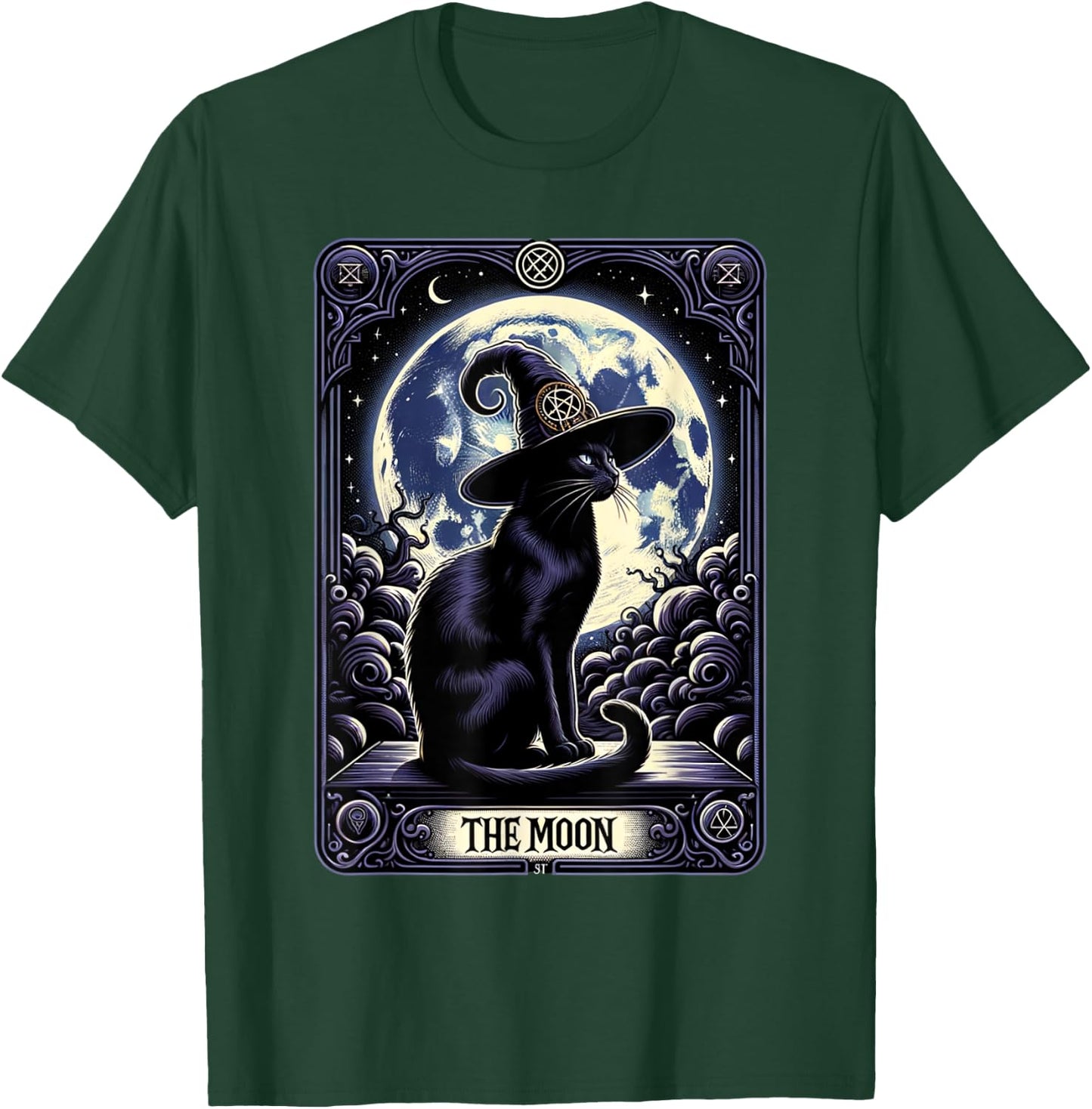 Vintage Tarot Card Style Crescent Moon & Witch Hat Black Cat Men Women T-Shirt - T-Shirt | Forest