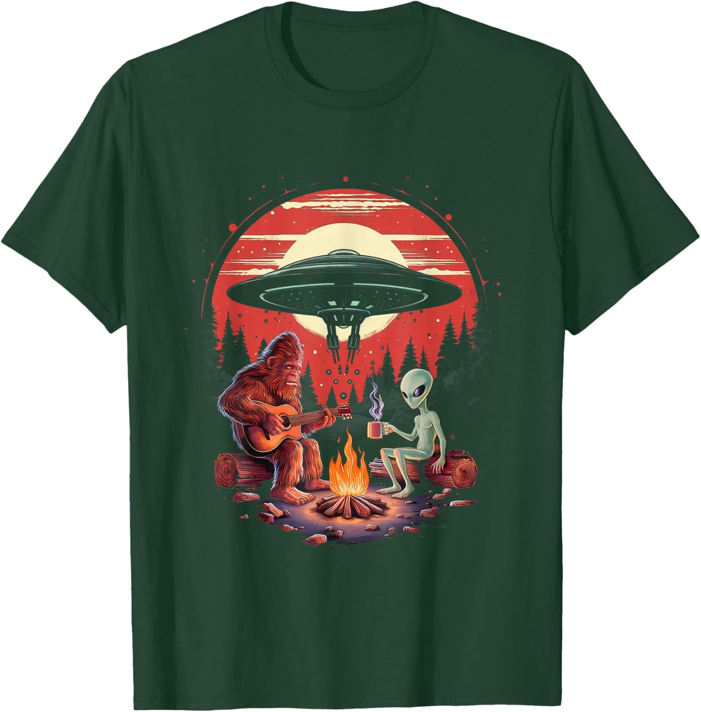 Alien And Bigfoot Campfire Sasquatch UFO For Outdoor Lovers T-Shirt - T-Shirt | Forest