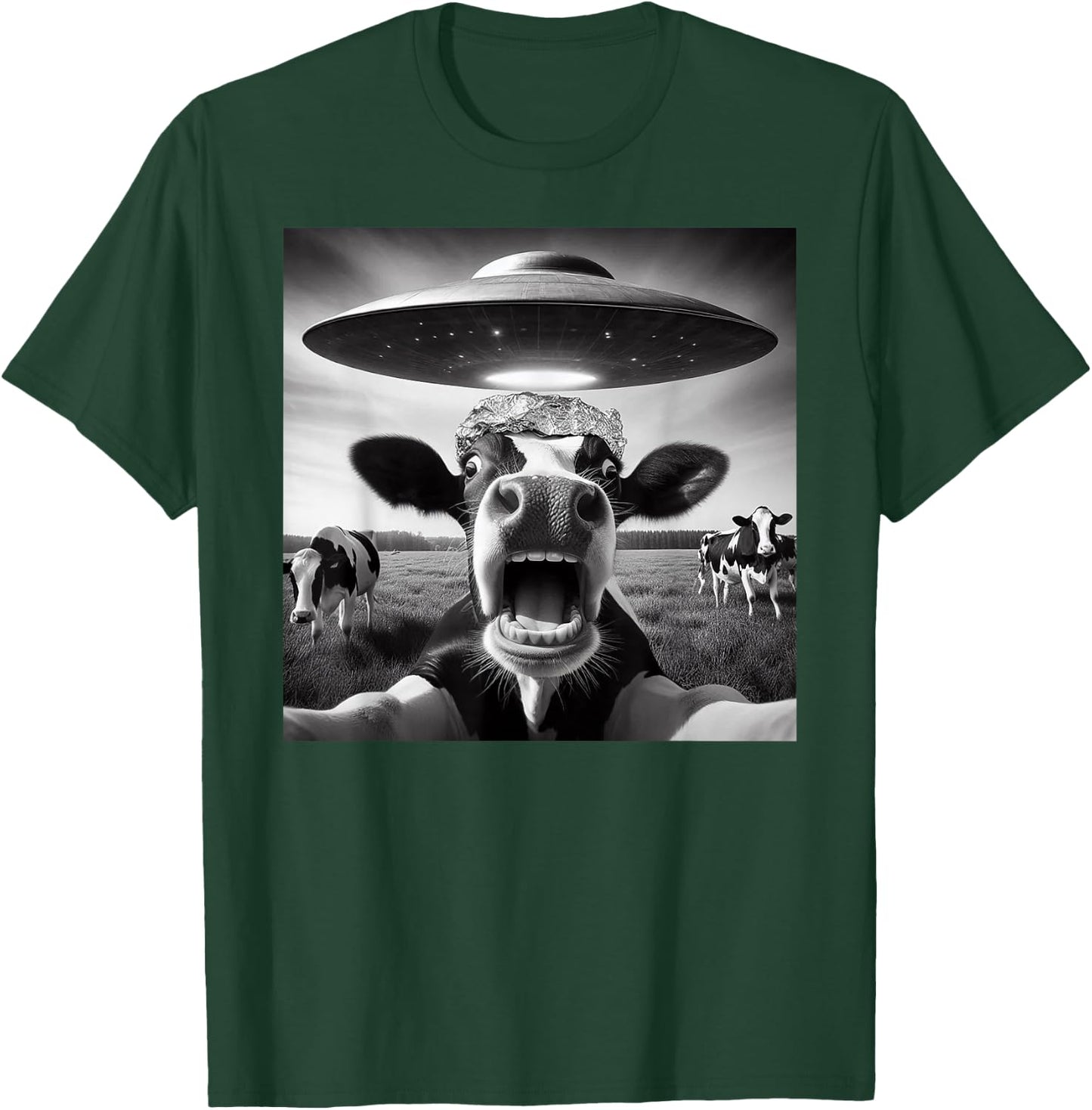 Funny Cow Abduction by UFO Selfie - Hilarious Alien Meme T-Shirt - T-Shirt | Forest