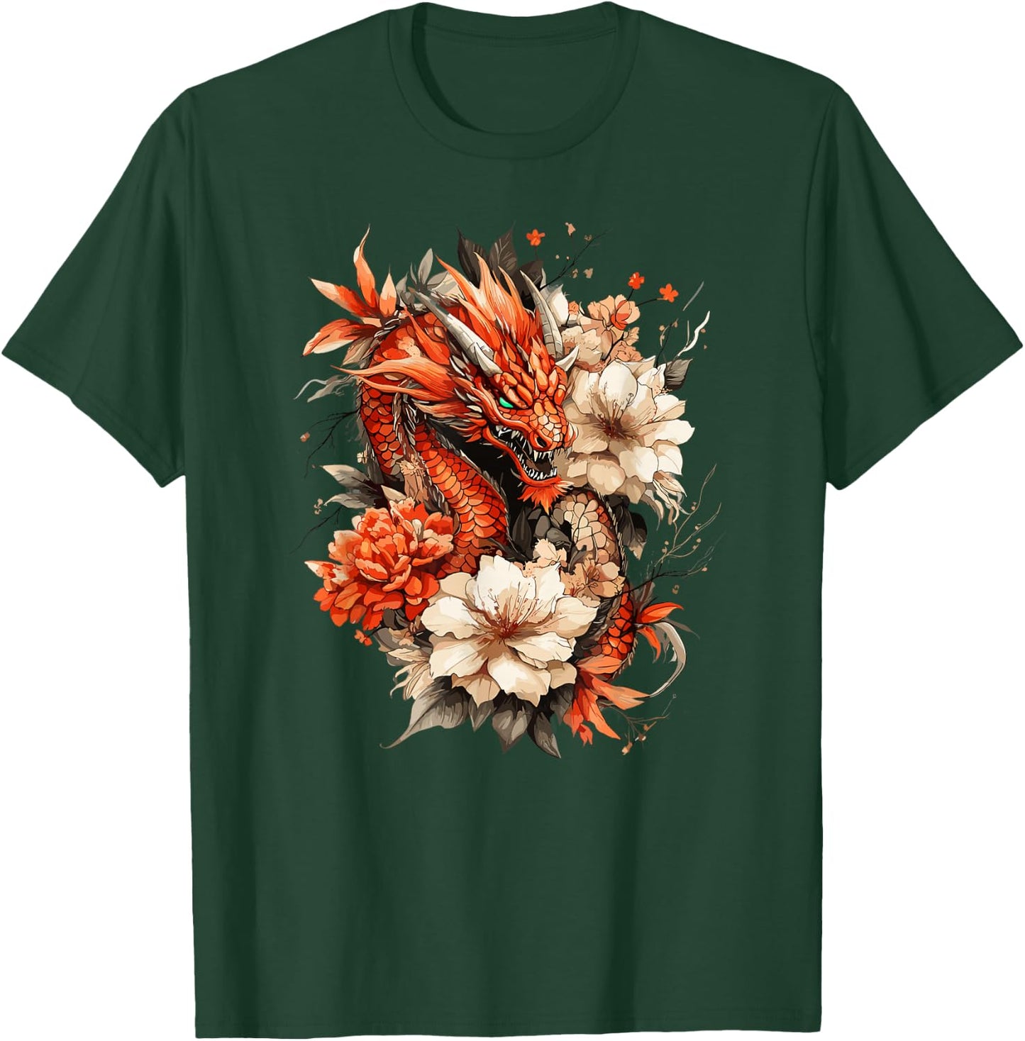 Crimson Serpent and Peony Bloom Asian Myth Motif T-Shirt - T-Shirt | Forest
